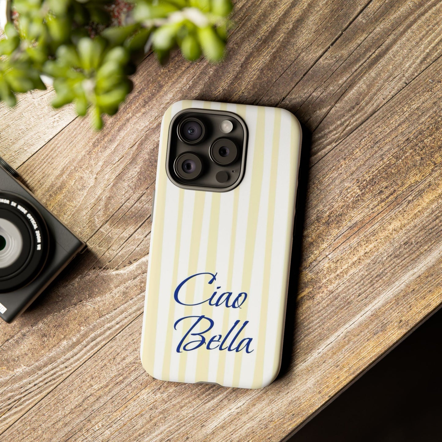 Ciao Bella Phone Case – Striped Elegant Italian Script Protective Cover