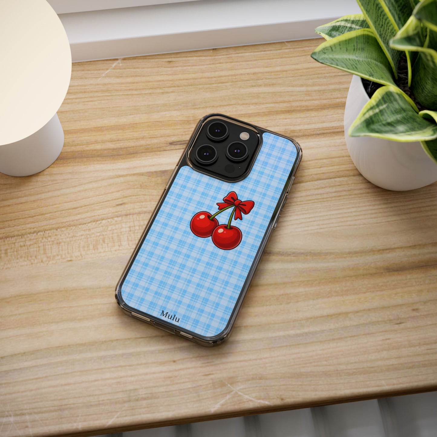 Clear Cherry Gingham Phone Case — Impact-Resistant Clear Case with Red Cherry Design