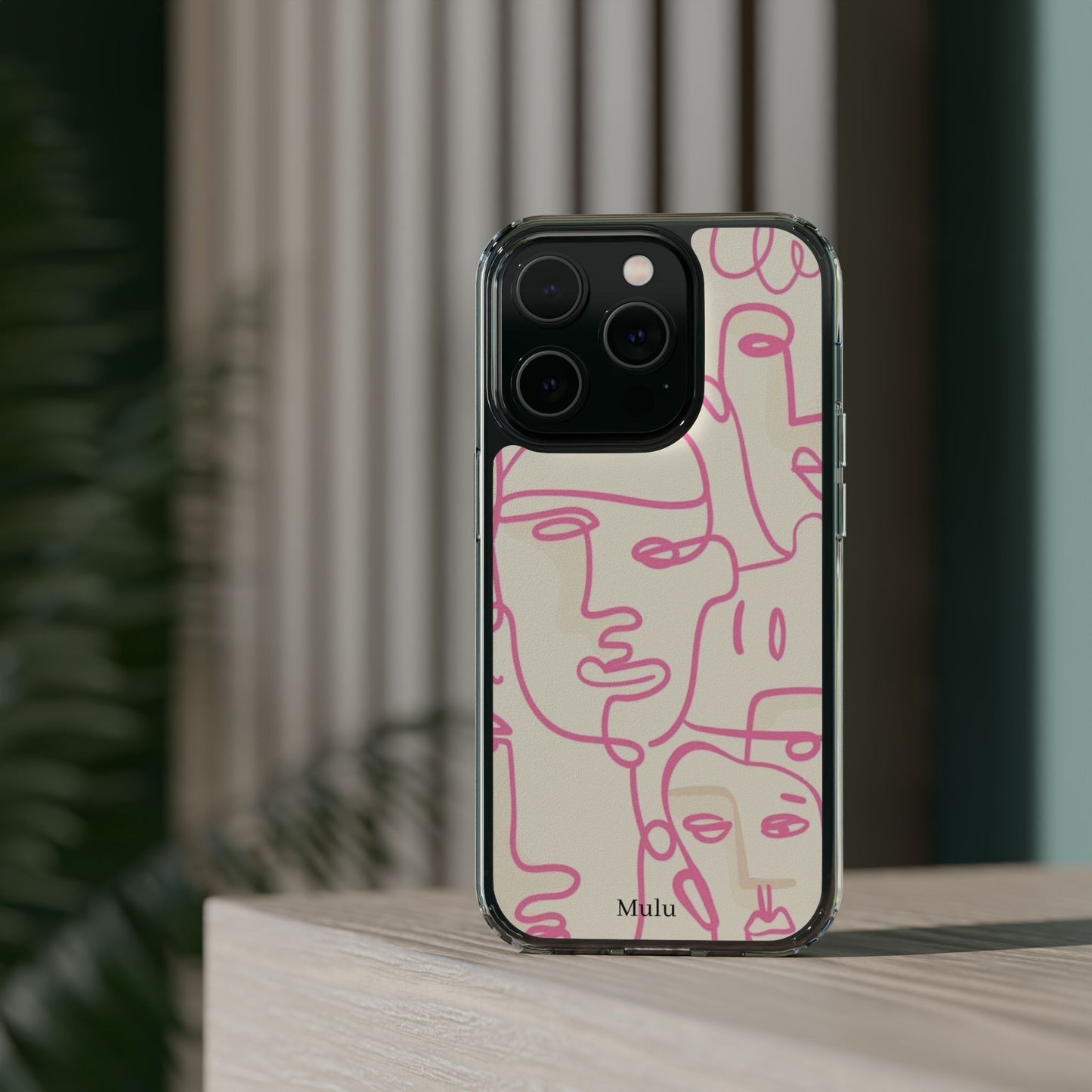Clear Impact-Resistant Phone Case — Pink Minimalist Line Faces Design