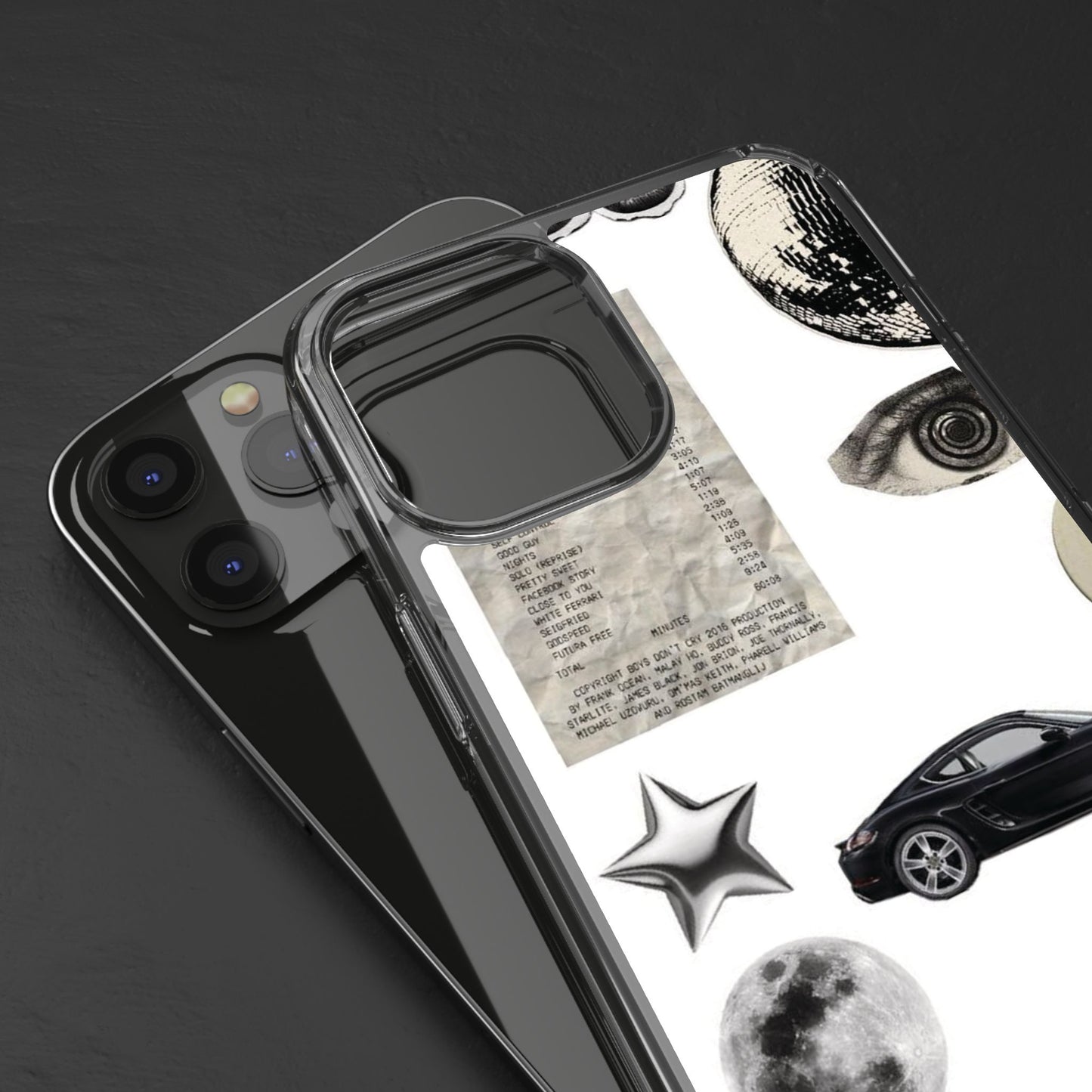 Clear Phone Case — Vintage Collage Stickers (Moon, Eye, Car, Cherries)