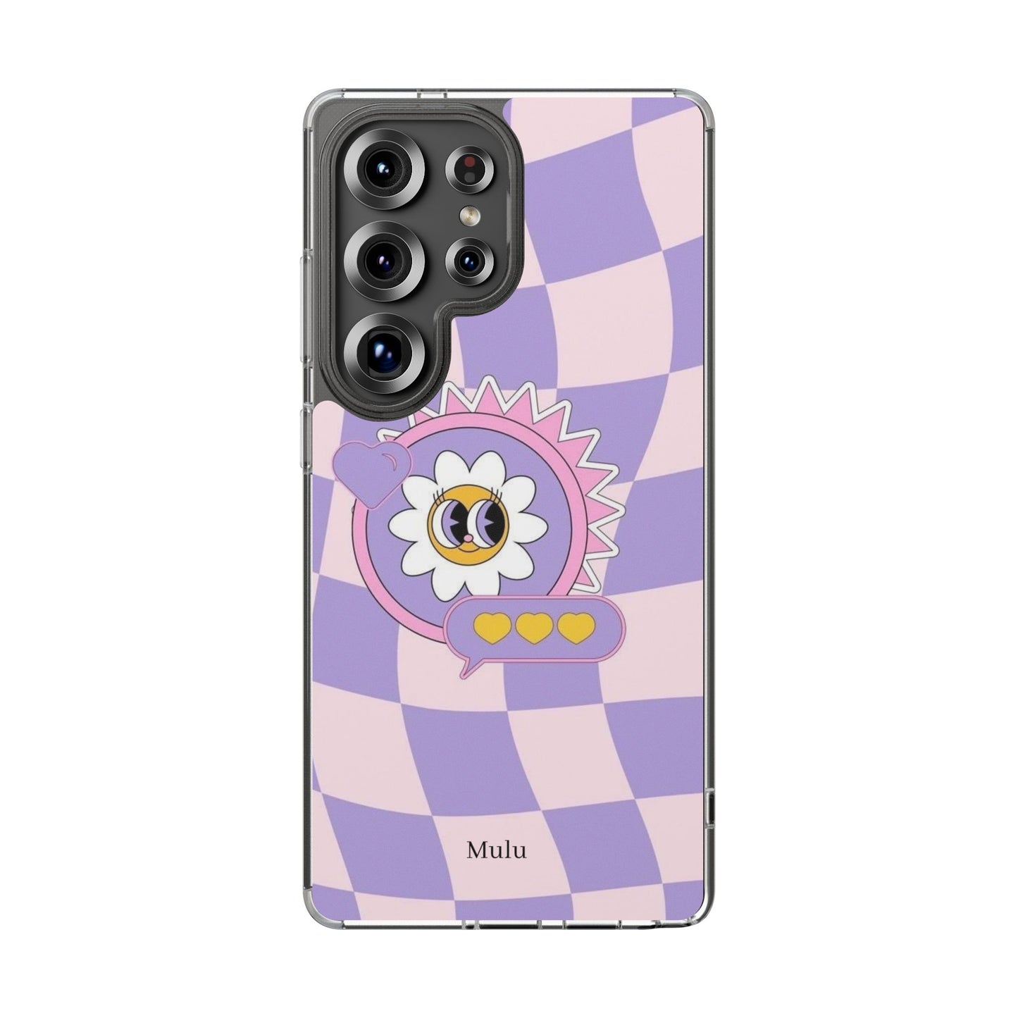 Clear Impact-Resistant Case — Cute Purple Checkerboard Dino with 'Mulu'