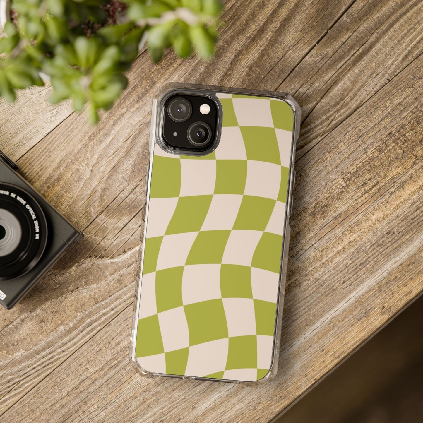 Clear Magnetic Phone Case — Olive Retro Check Pattern