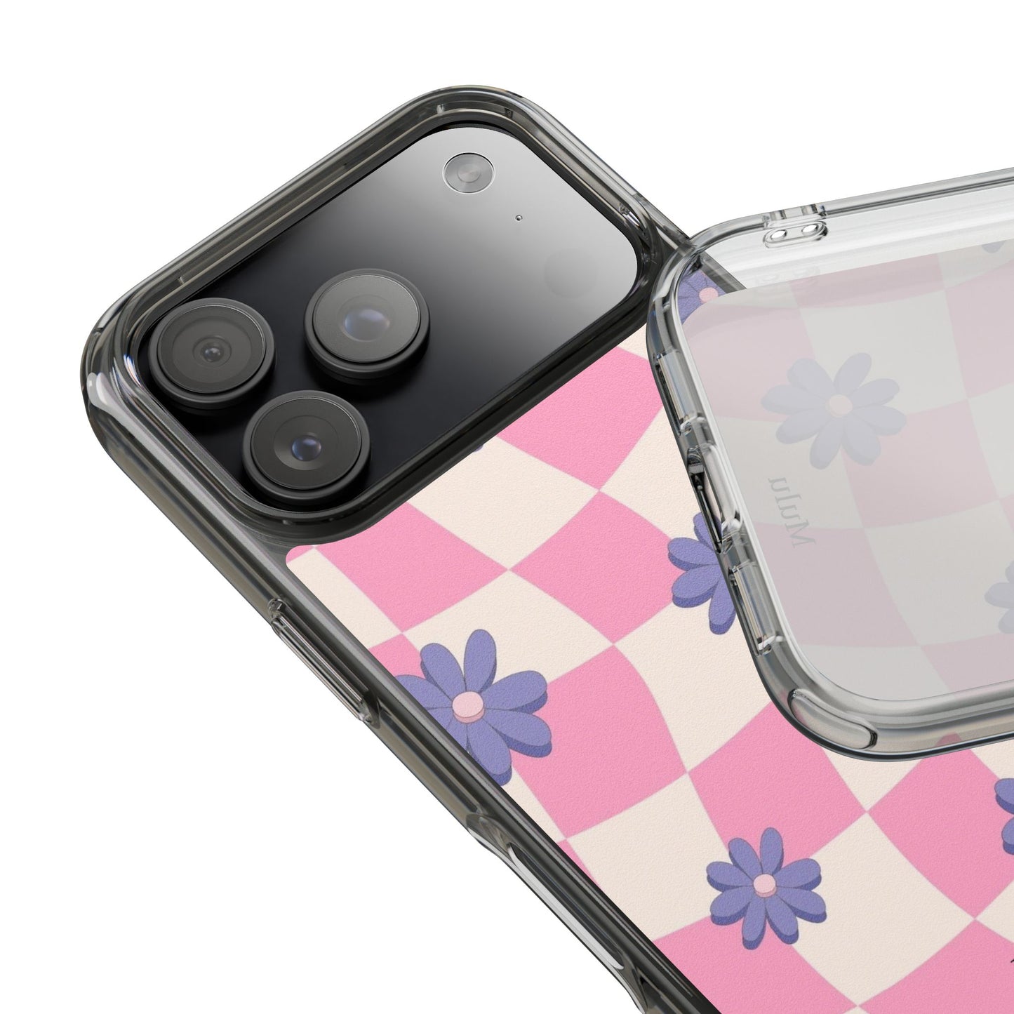 Clear Impact Phone Case — Pink Checkerboard with Purple Flowers