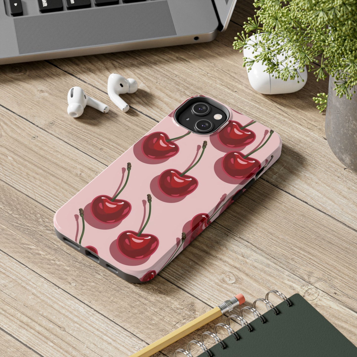 Cherry Pattern Tough Phone Case — Retro Pink Cherry Print Protective Phone Case