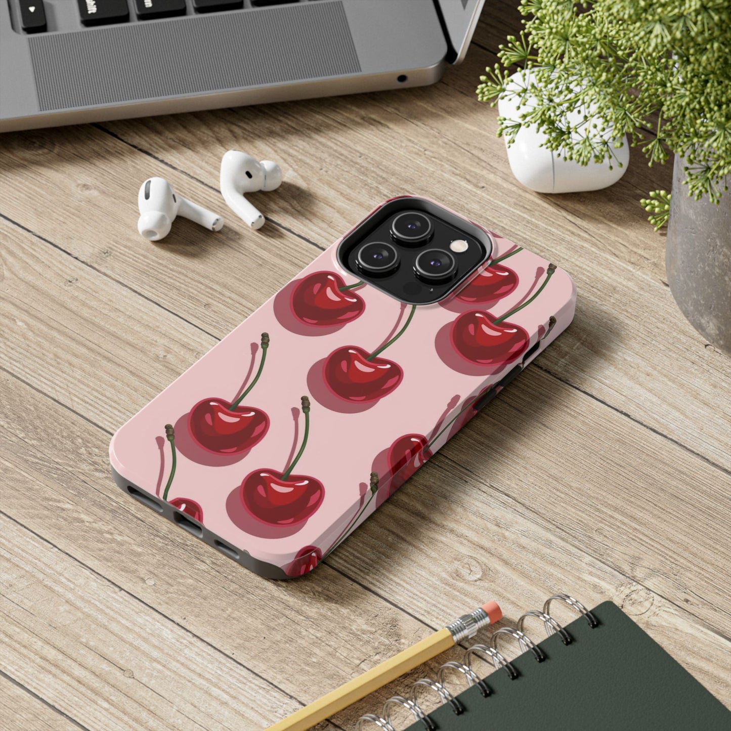 Cherry Pattern Tough Phone Case — Retro Pink Cherry Print Protective Phone Case