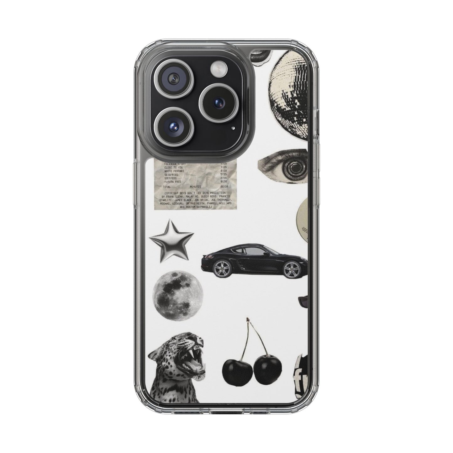 Clear Phone Case — Vintage Collage Stickers (Moon, Eye, Car, Cherries)