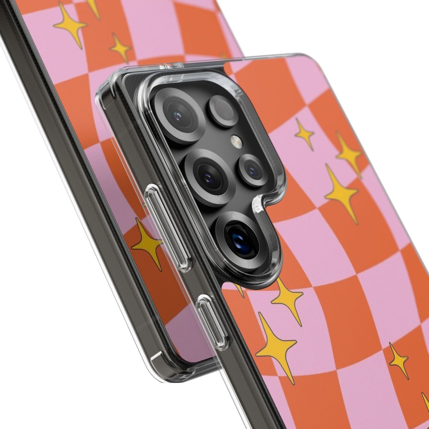 Clear Impact-Resistant Case — Retro Pink & Orange Checker with Sparkle Stars