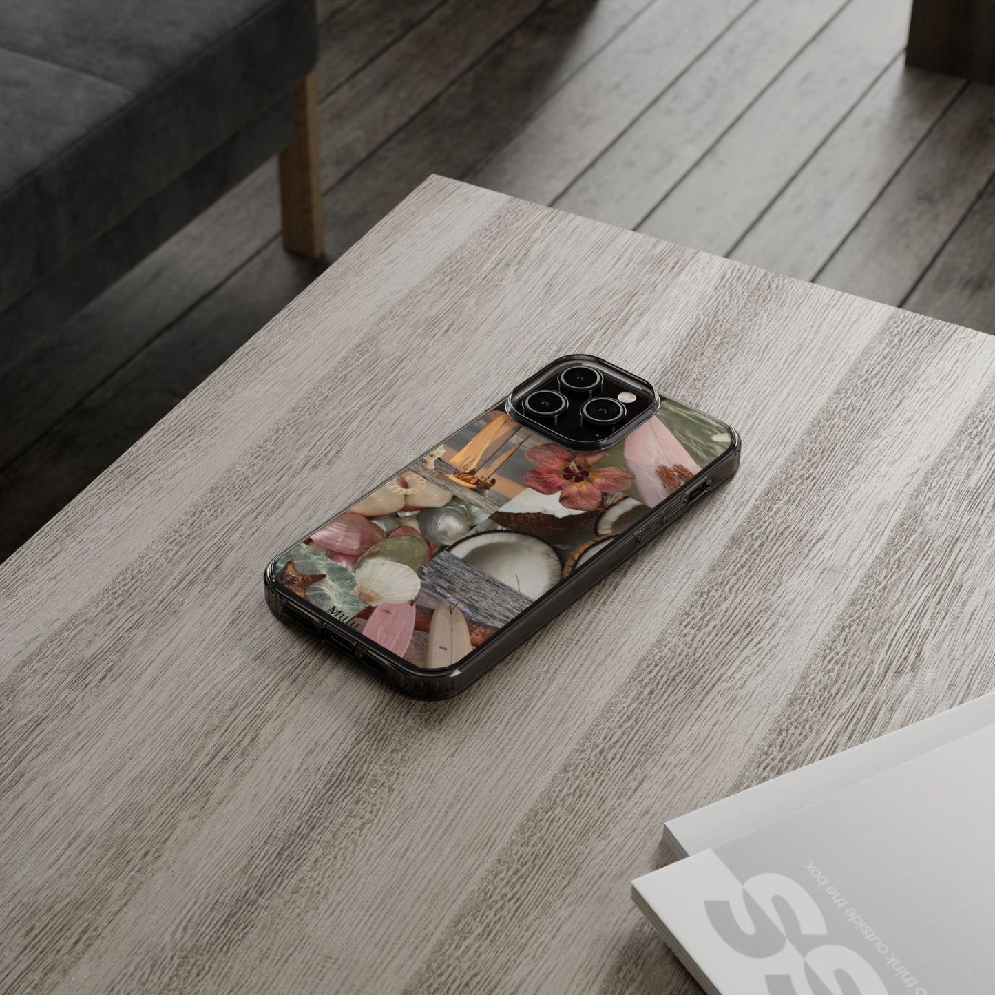Clear Phone Case — Coastal Collage Shells & Surf Design