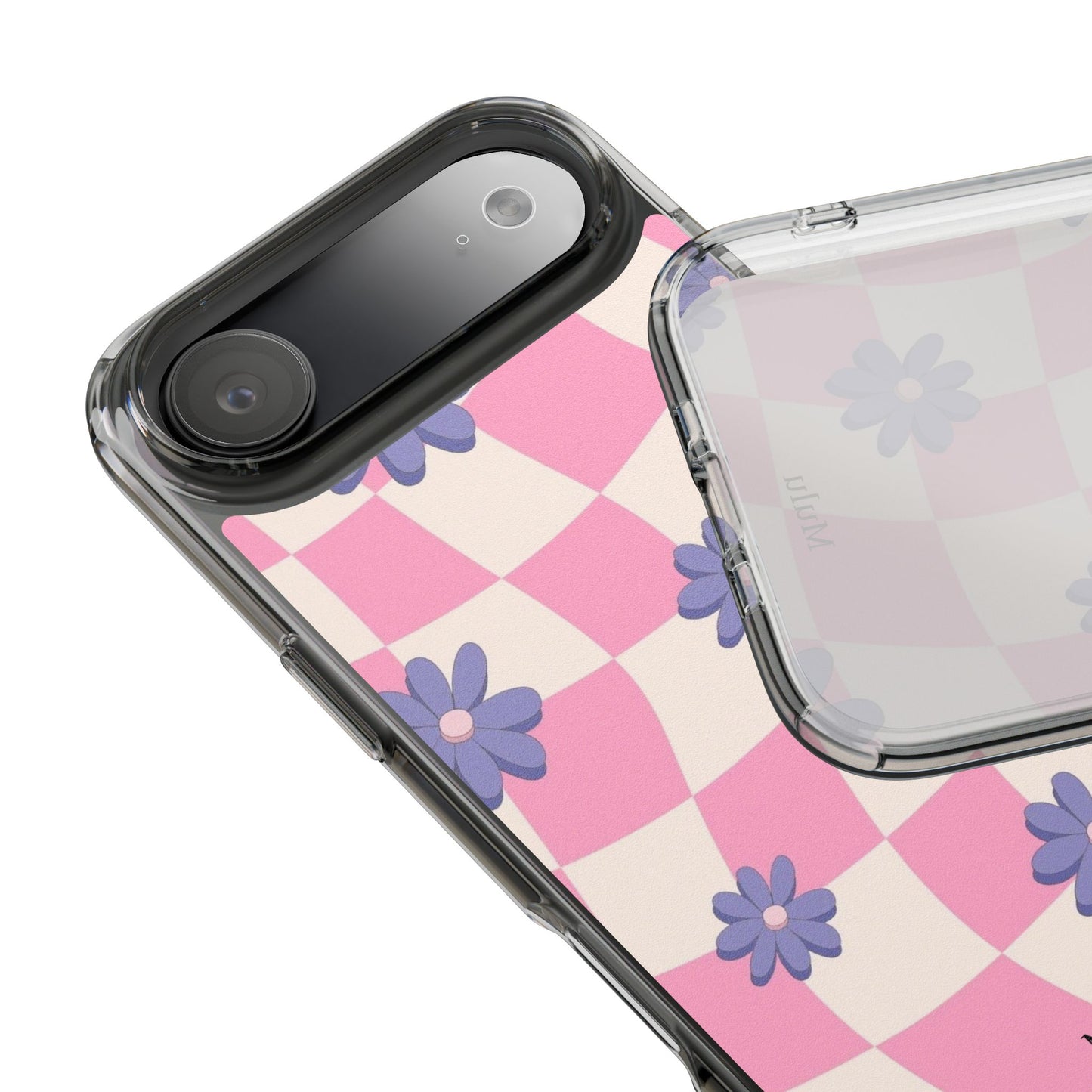 Clear Impact Phone Case — Pink Checkerboard with Purple Flowers