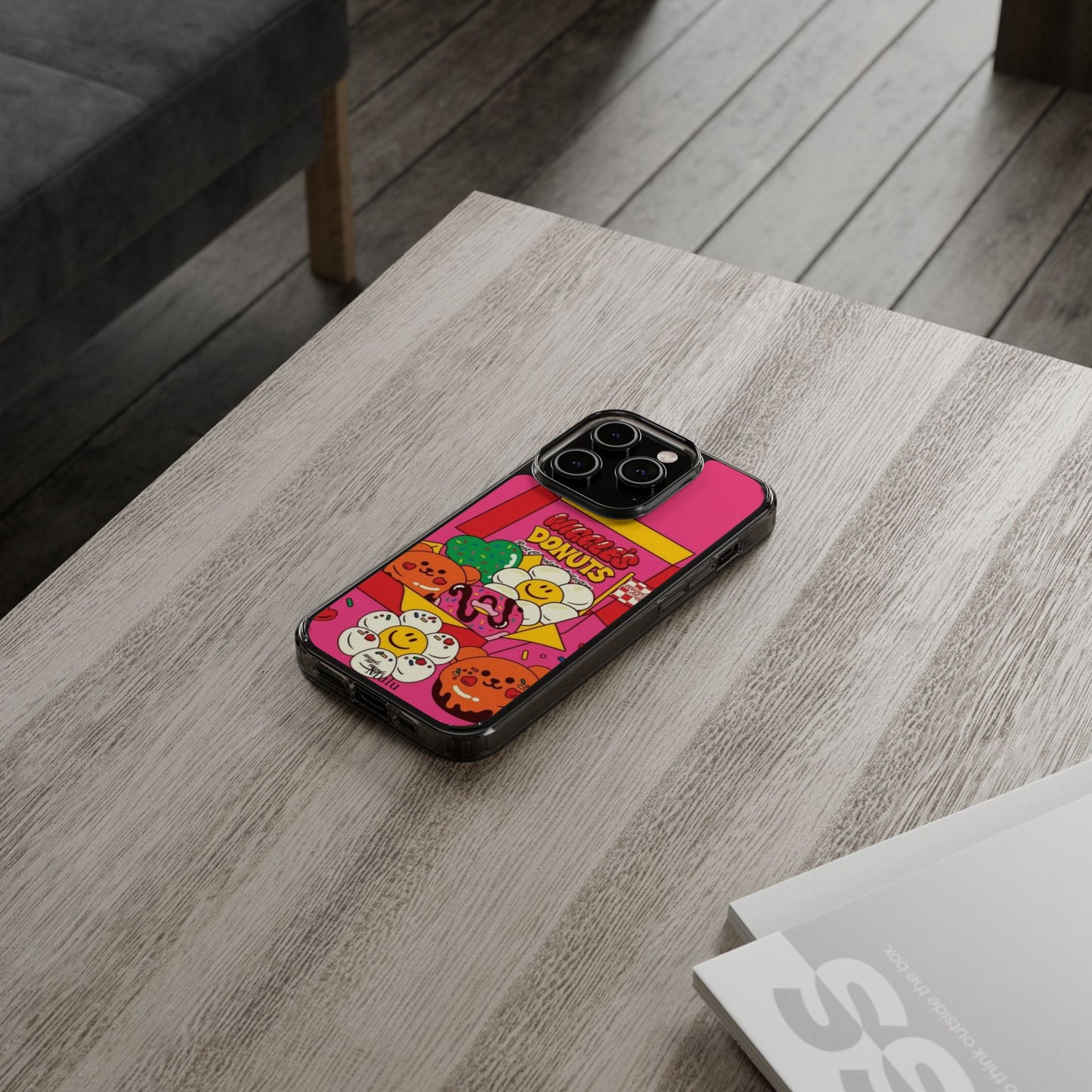 Donut Box Cute Phone Case — Clear Impact‑Resistant iPhone Cover with Smiling Donuts