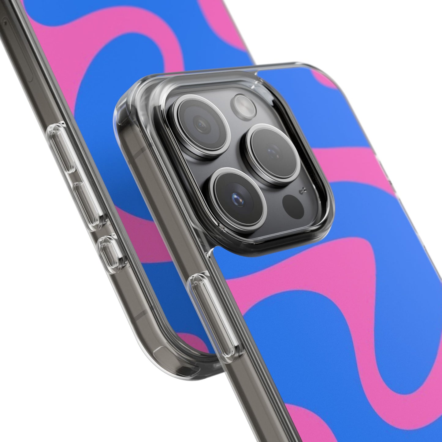 Clear Impact-Resistant Phone Case — Retro Blue & Pink Abstract Swirl