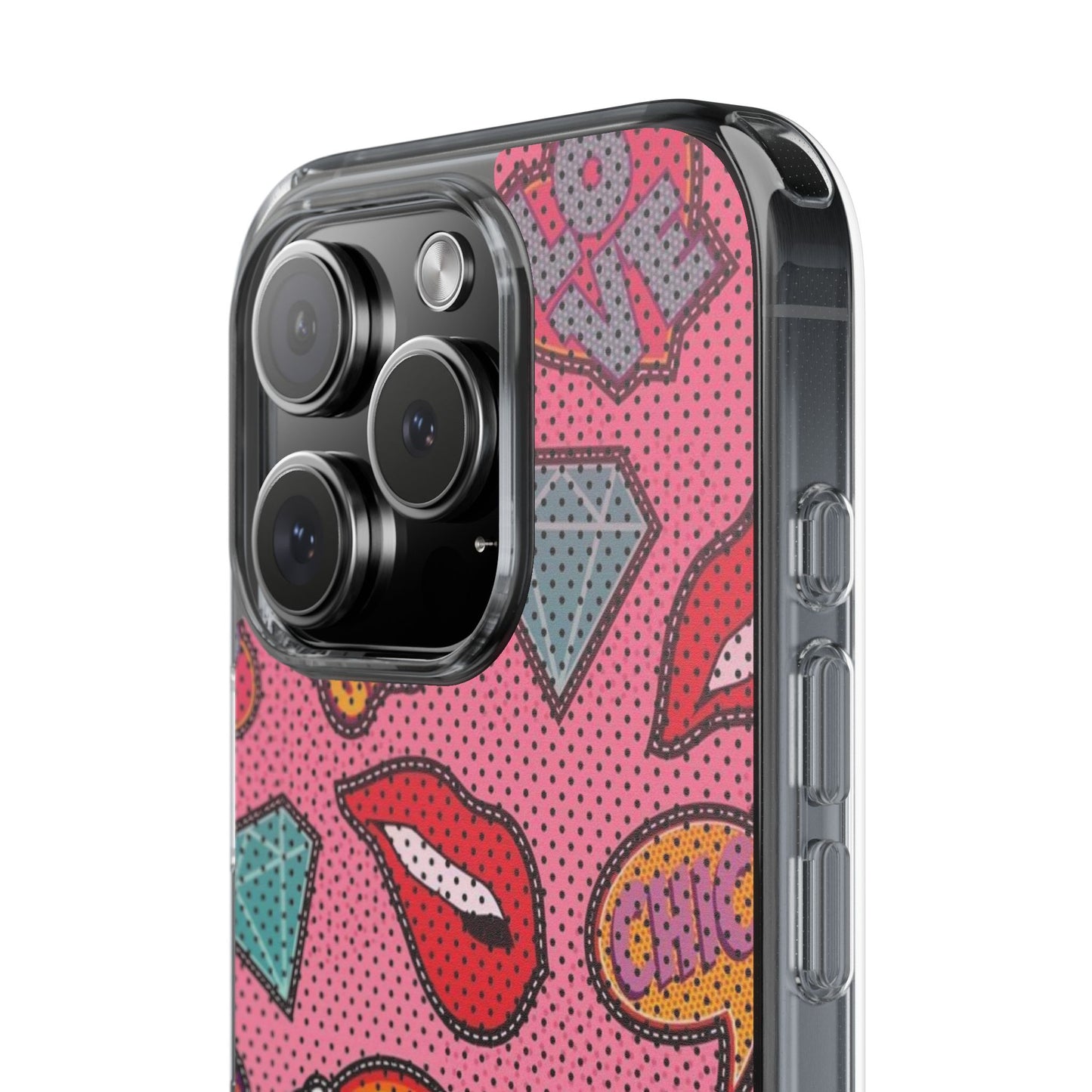 Clear Impact-Resistant Phone Case — Pink Pop Sticker Pattern (Hearts, Rainbows, Smileys)