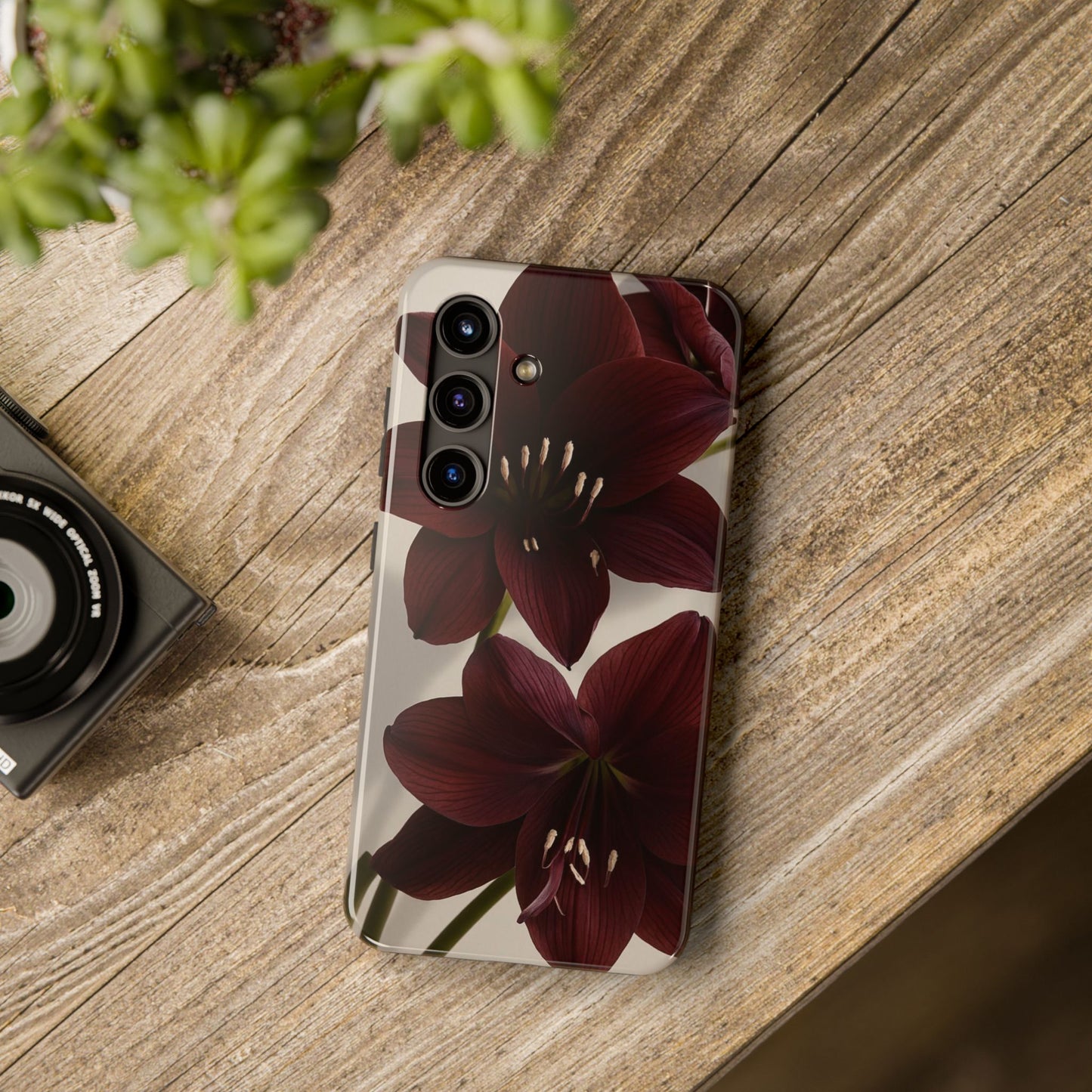 Amaryllis Noir Tough Phone Case — Dark Burgundy Floral Protective Cover