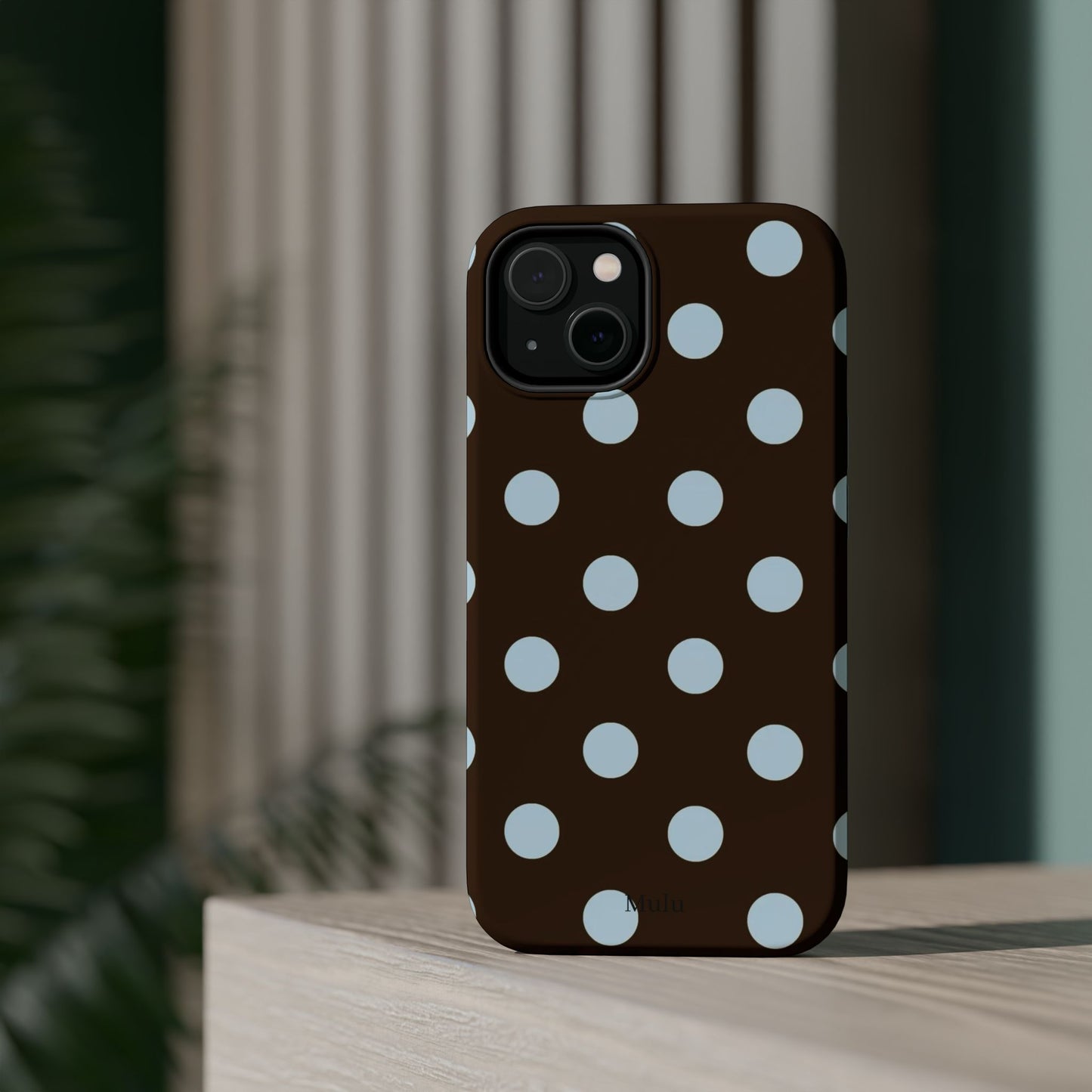 Polka Dot Magnetic Phone Case — Brown with Light Blue Dots, Impact-Resistant