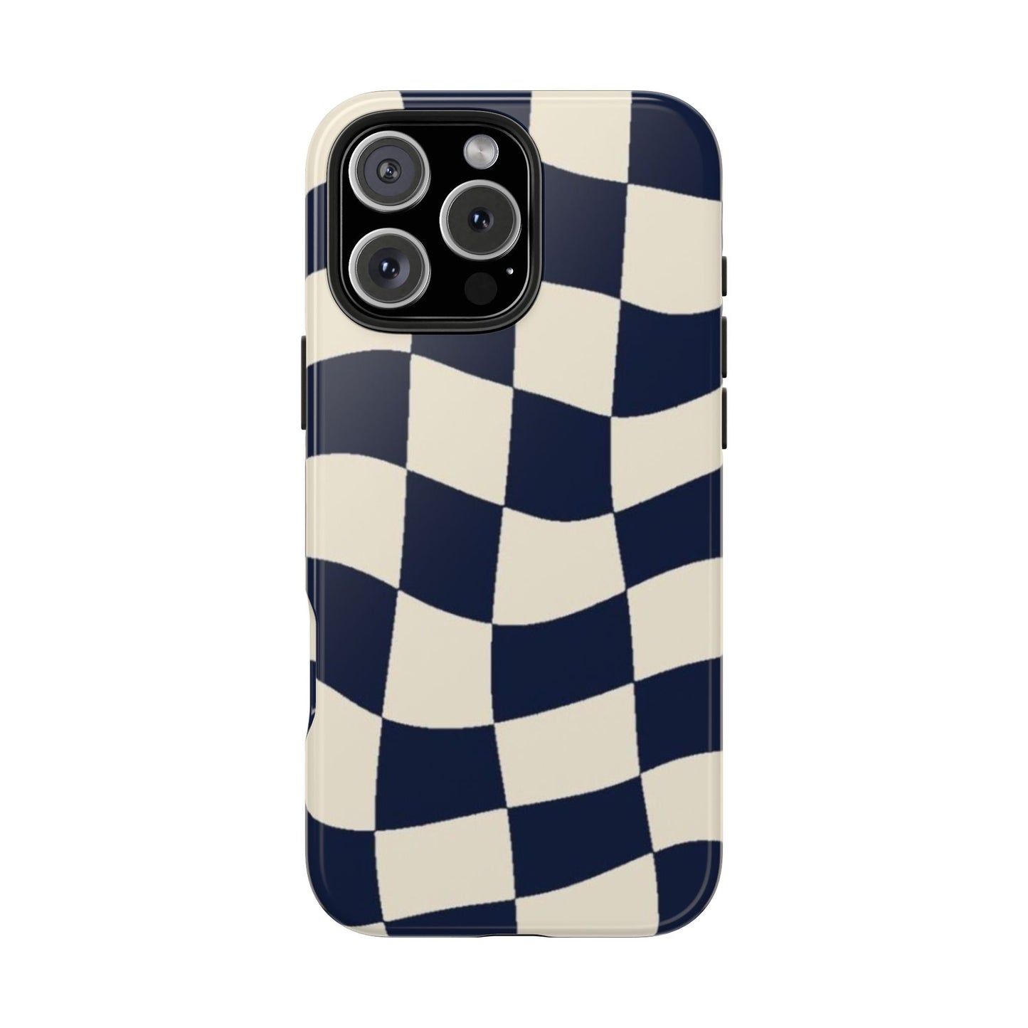 Wavy Checkerboard Tough Phone Case — Navy & Cream Protective Cover