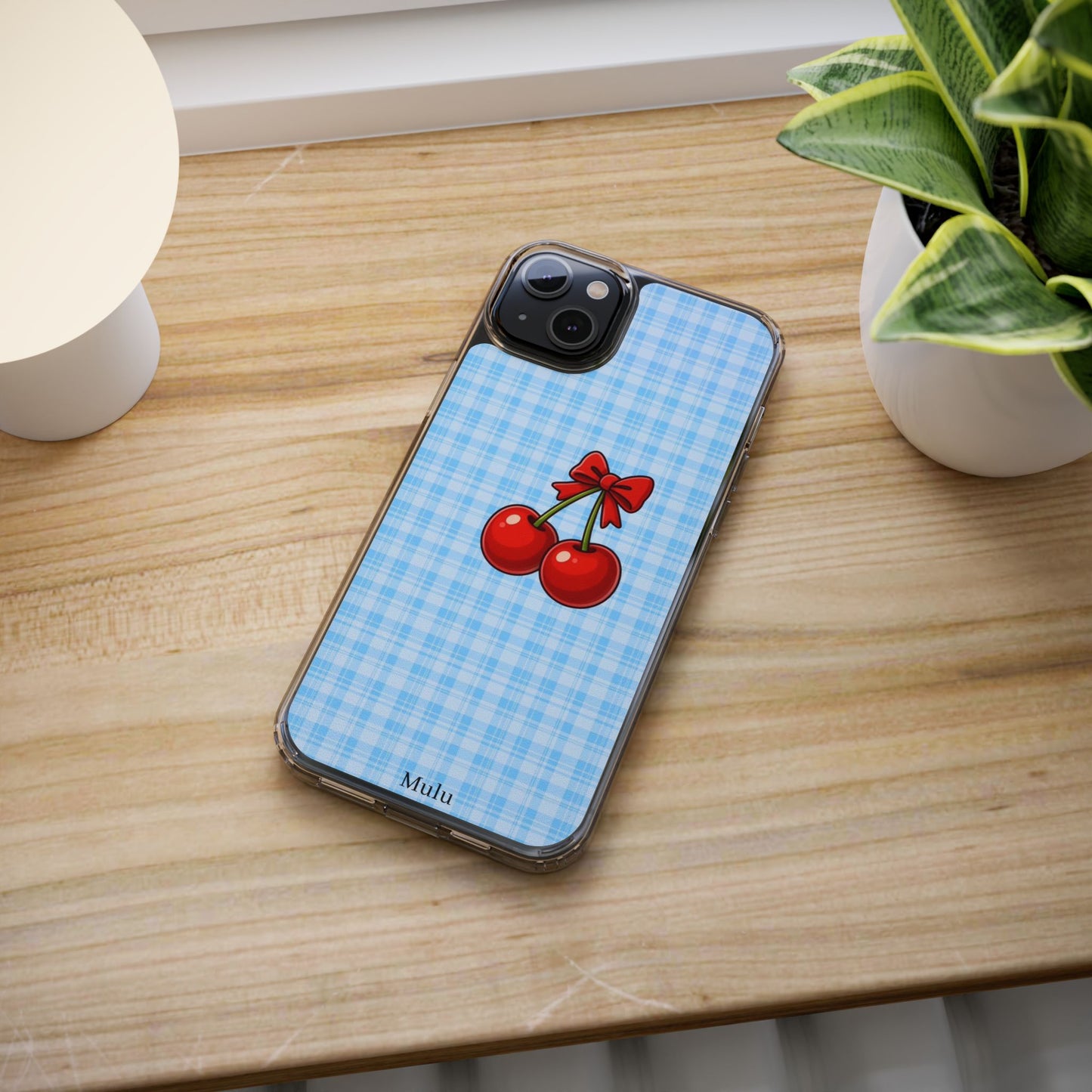 Clear Cherry Gingham Phone Case — Impact-Resistant Clear Case with Red Cherry Design