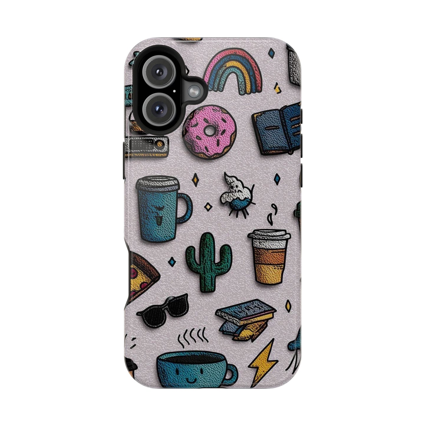 Cute Doodle Phone Case — Magnetic Impact-Resistant Design (coffee, rainbow, cactus)