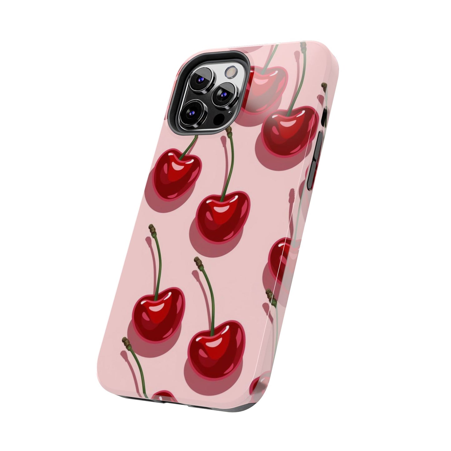 Cherry Pattern Tough Phone Case — Retro Pink Cherry Print Protective Phone Case