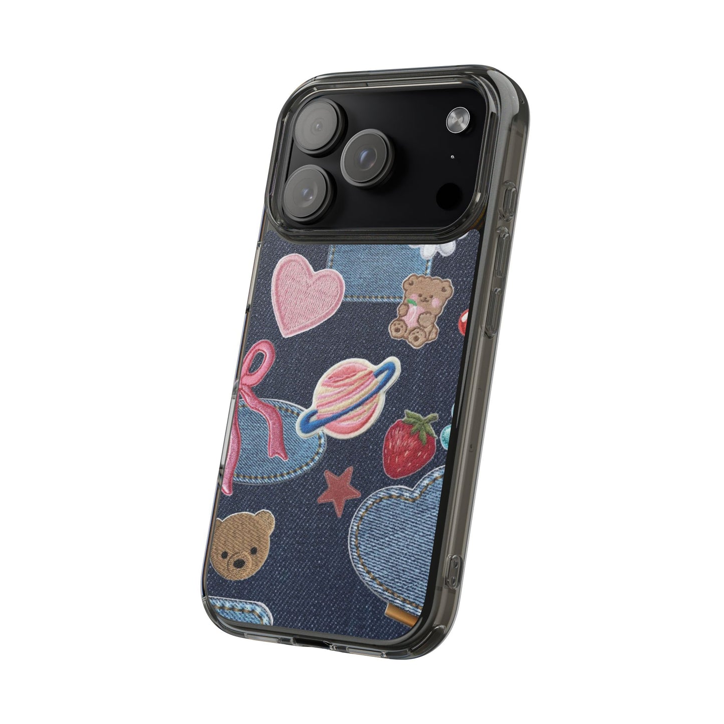 Clear Impact-Resistant Phone Case — Cute Denim Patch Collage (Teddy, Strawberry, Planet)