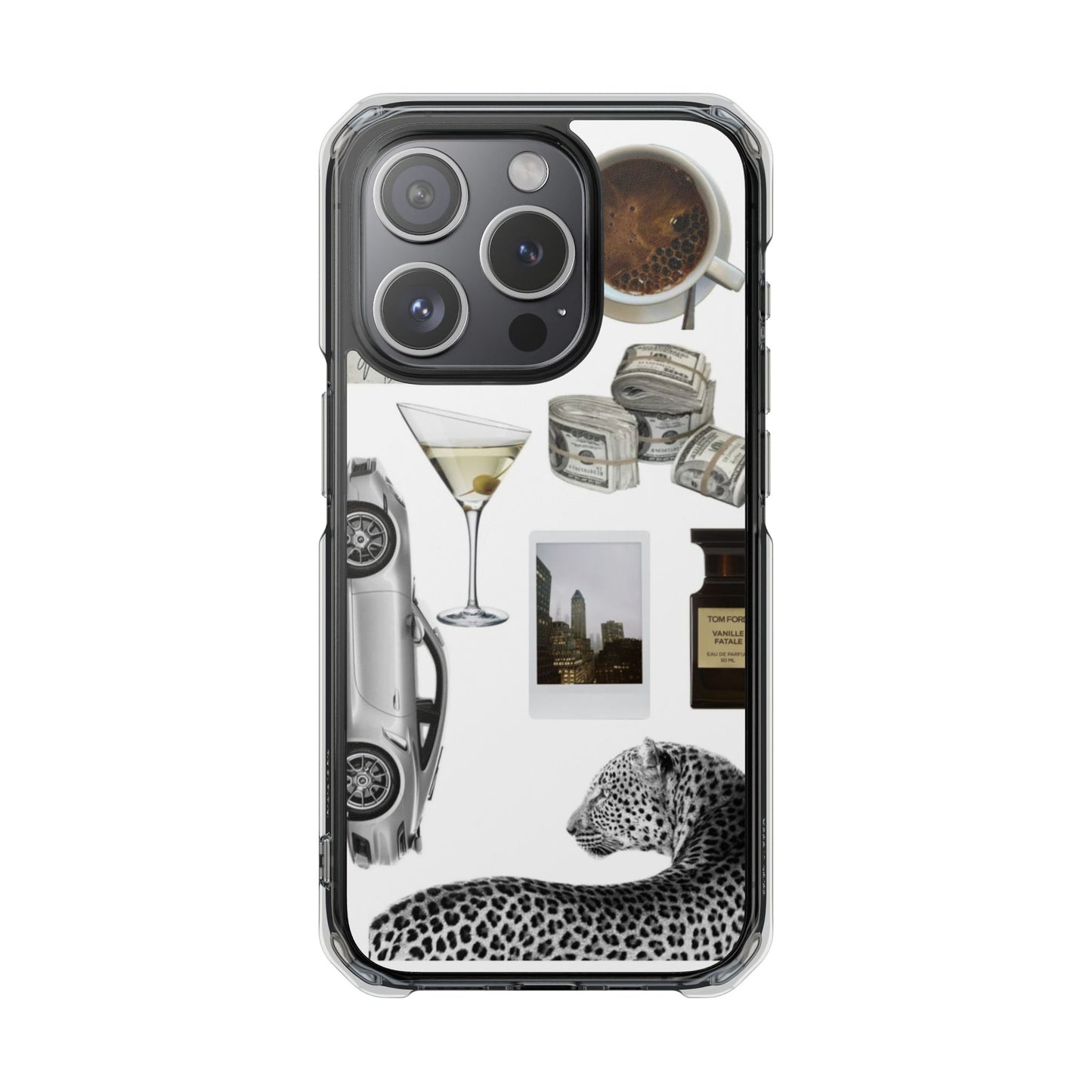 Clear Impact Phone Case — Luxe Collage (Leopard, Martini, Coffee & Vintage Car)