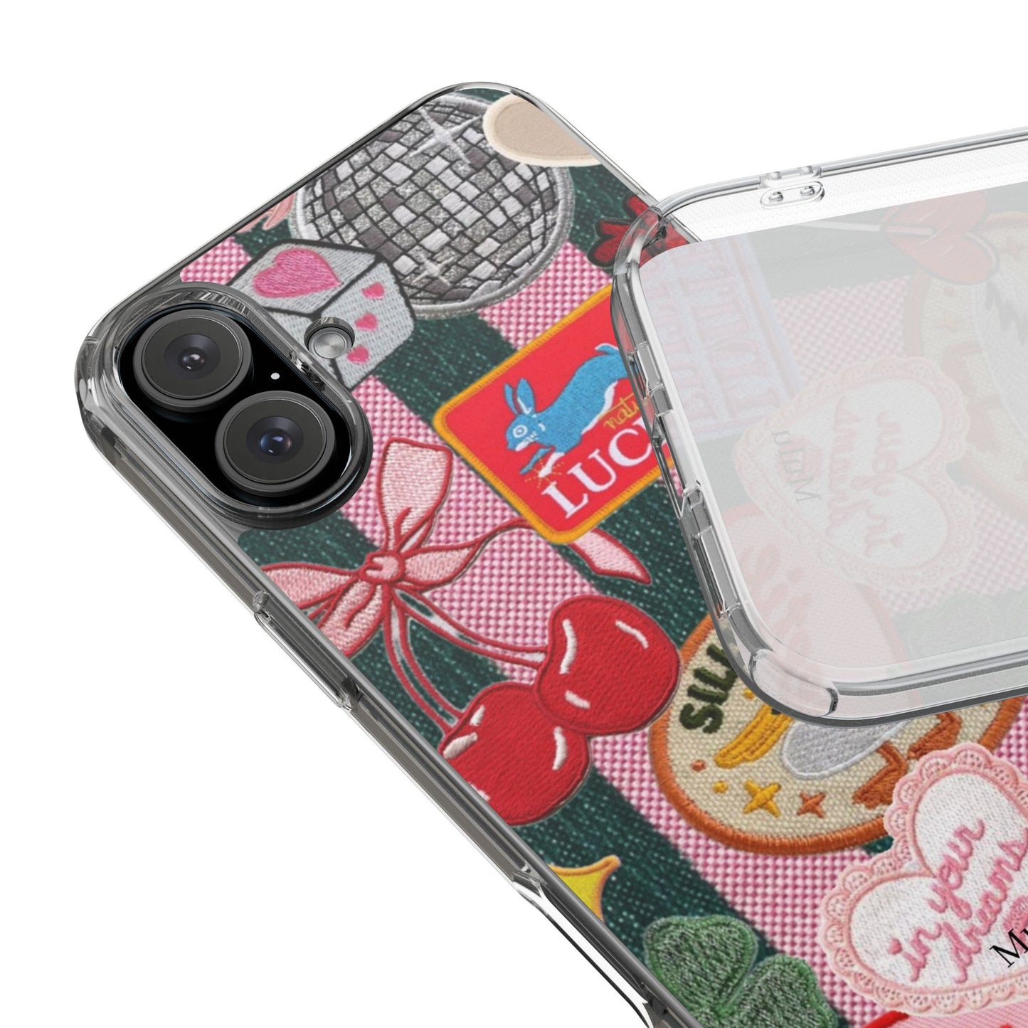 Clear Impact-Resistant Phone Case — Retro Patchwork Stickers (Lucky, Cherries, Silly Goose)