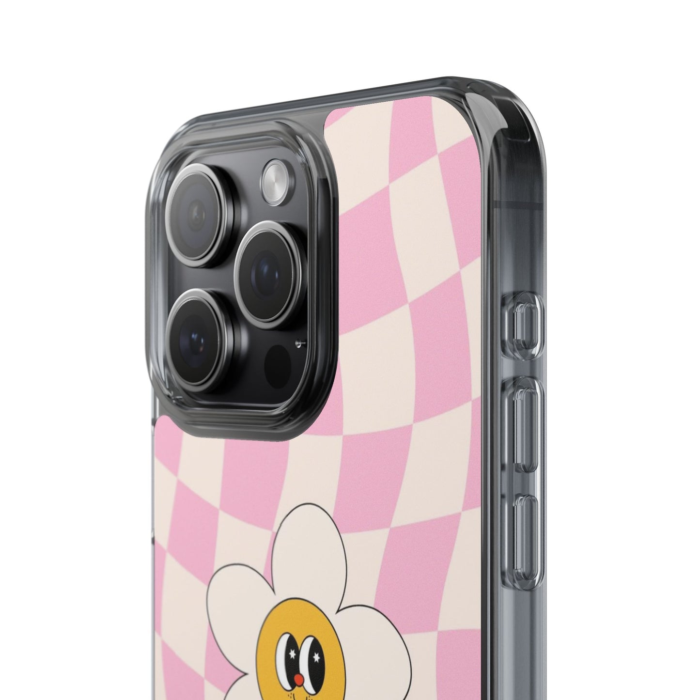 Clear Impact-Resistant Phone Case — Pink Checkerboard Daisy Design