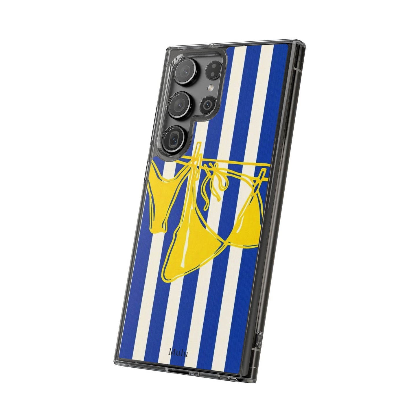 Striped Beach Bikini Phone Case — Yellow Swimwear on Blue & White Stripes, Clear Impact-Resistant