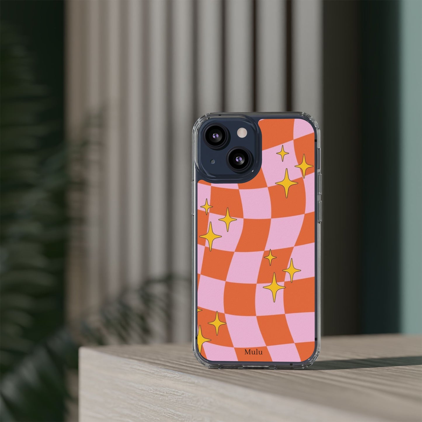 Clear Impact-Resistant Case — Retro Pink & Orange Checker with Sparkle Stars