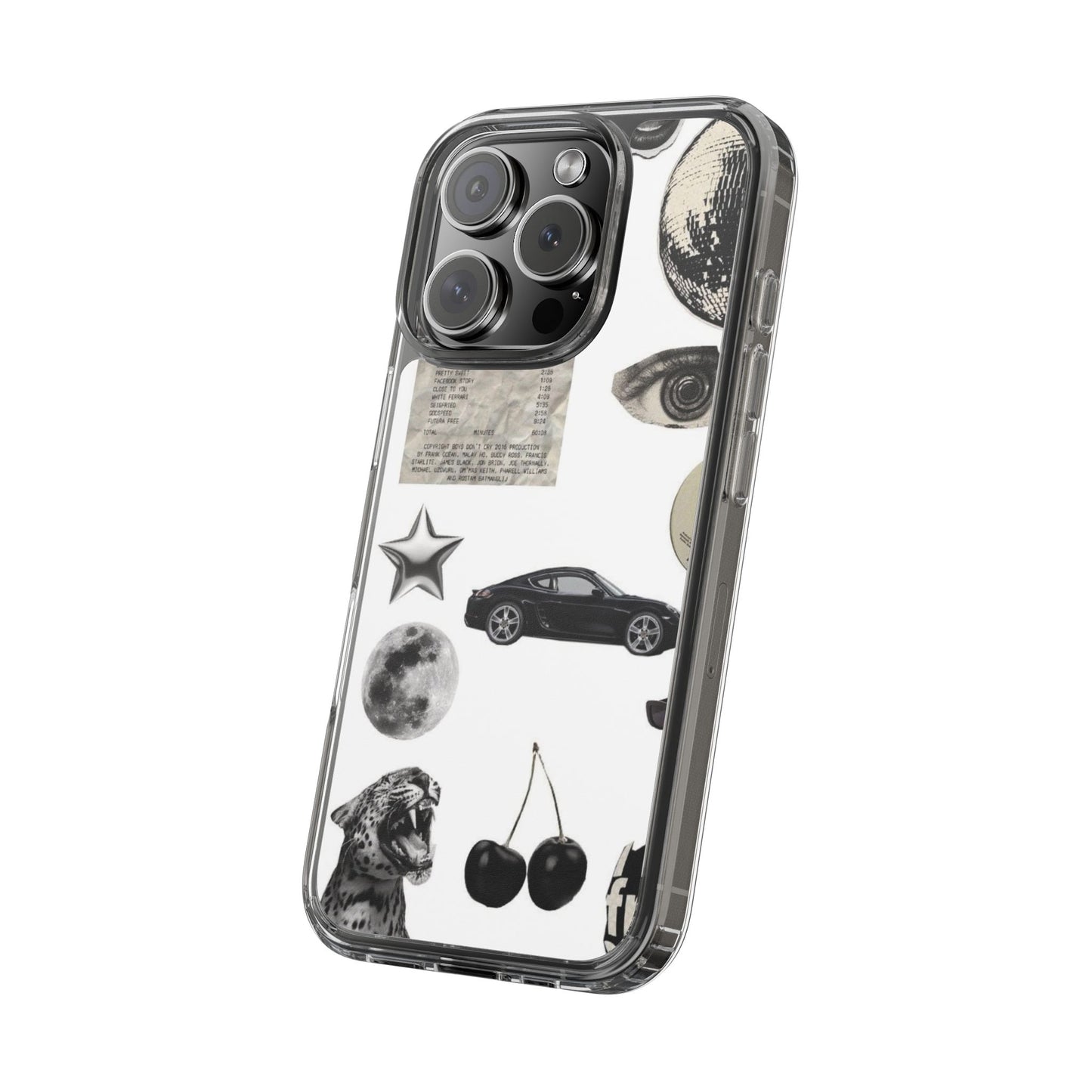 Clear Phone Case — Vintage Collage Stickers (Moon, Eye, Car, Cherries)