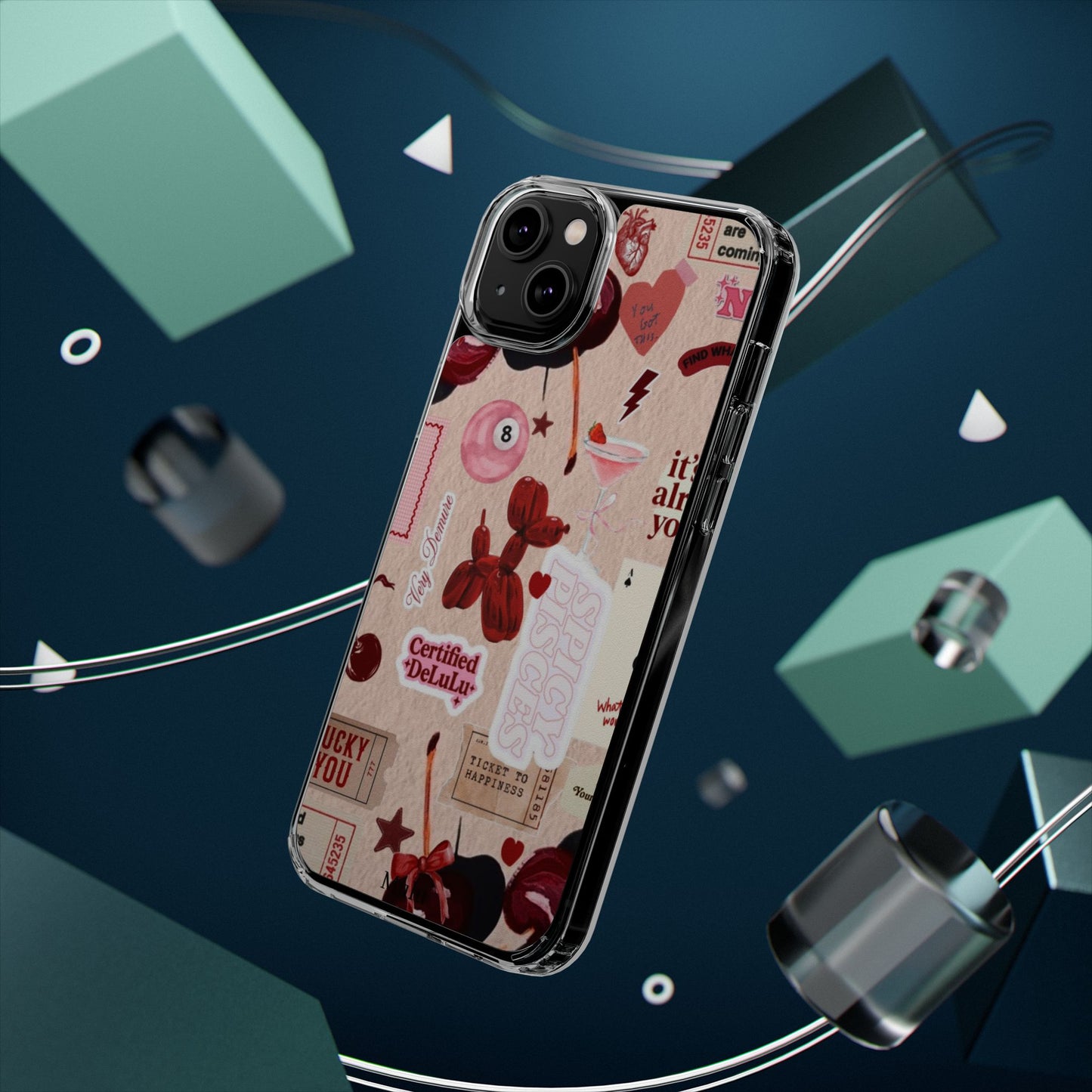 Clear Impact-Resistant Phone Case — Retro Cherry & Sticker Collage