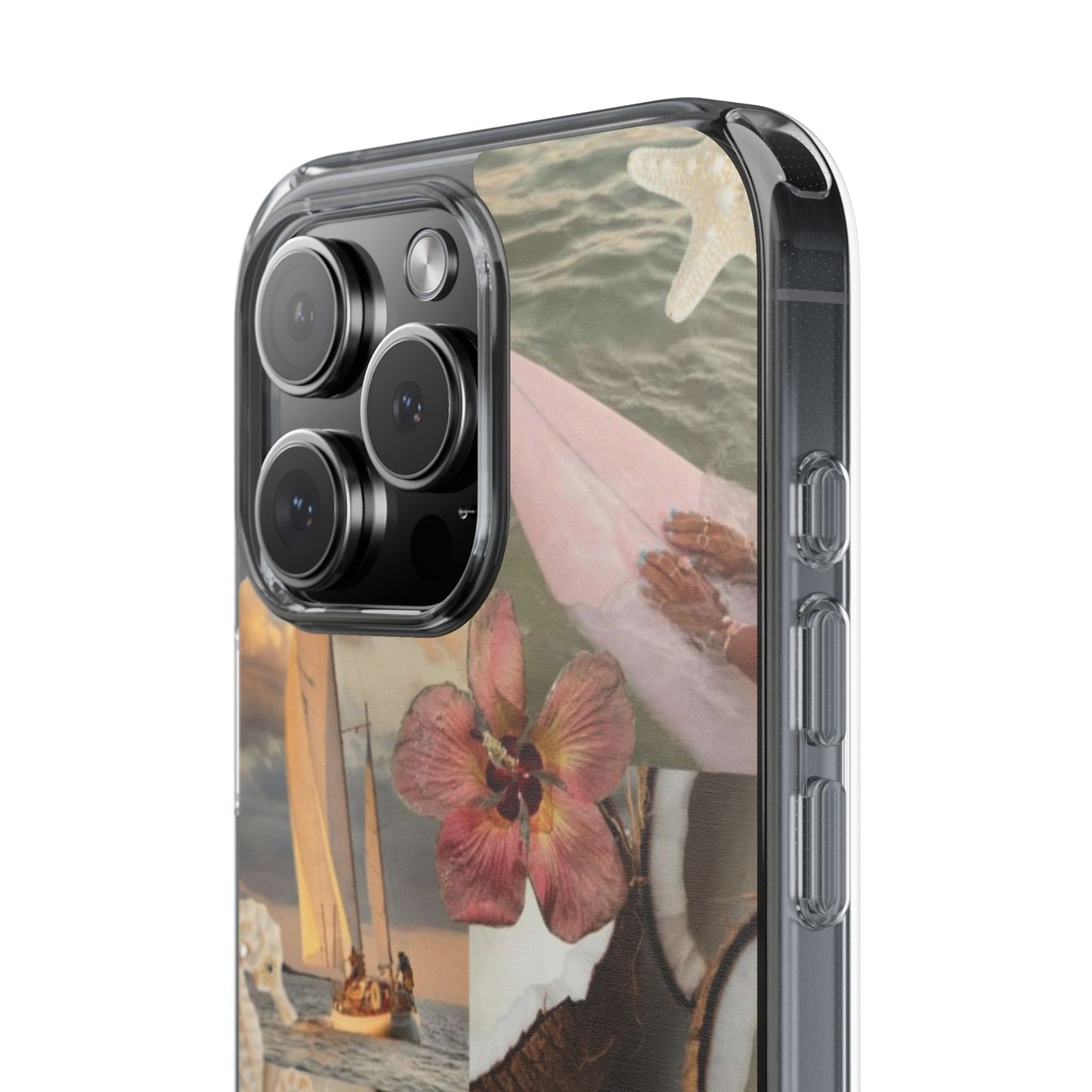Clear Phone Case — Coastal Collage Shells & Surf Design