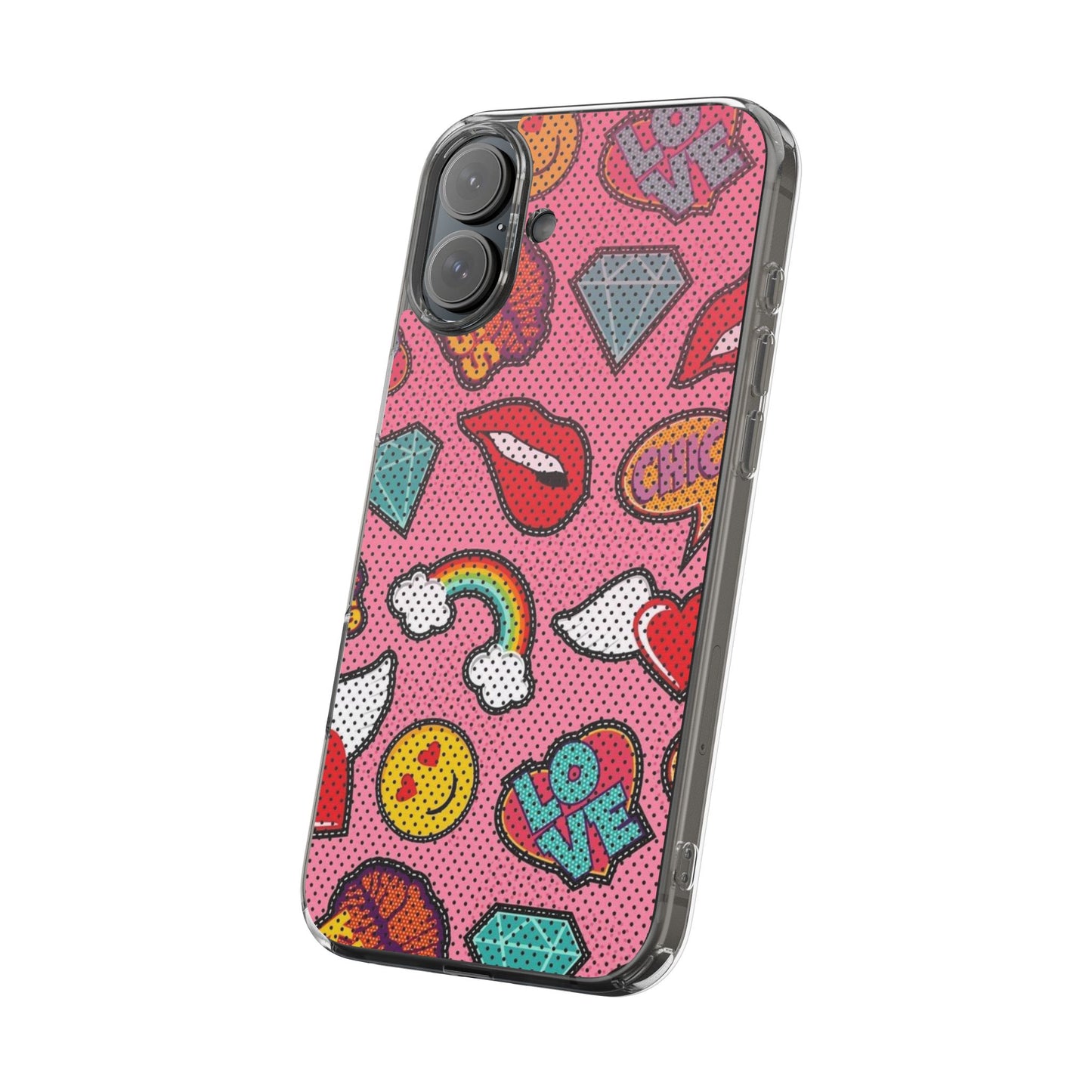 Clear Impact-Resistant Phone Case — Pink Pop Sticker Pattern (Hearts, Rainbows, Smileys)