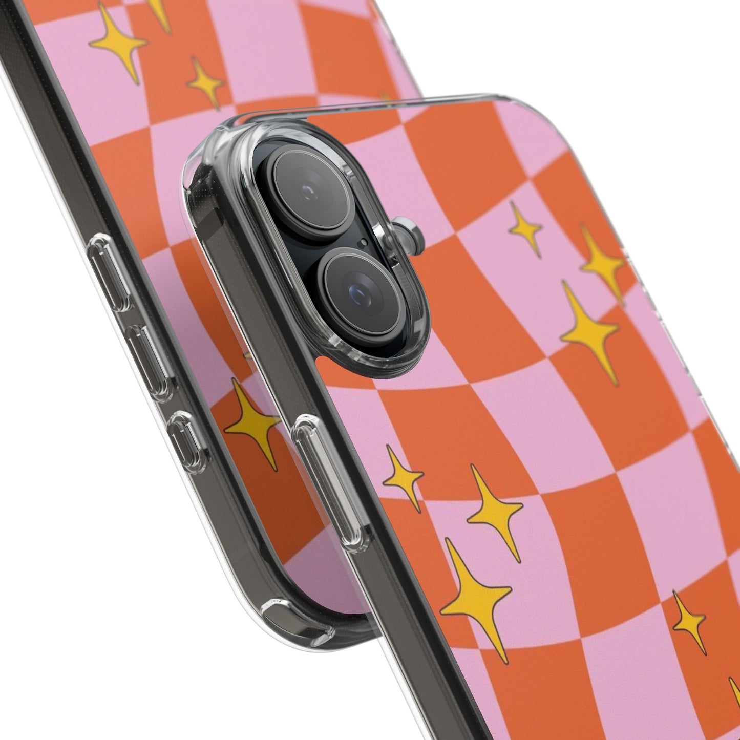 Clear Impact-Resistant Case — Retro Pink & Orange Checker with Sparkle Stars