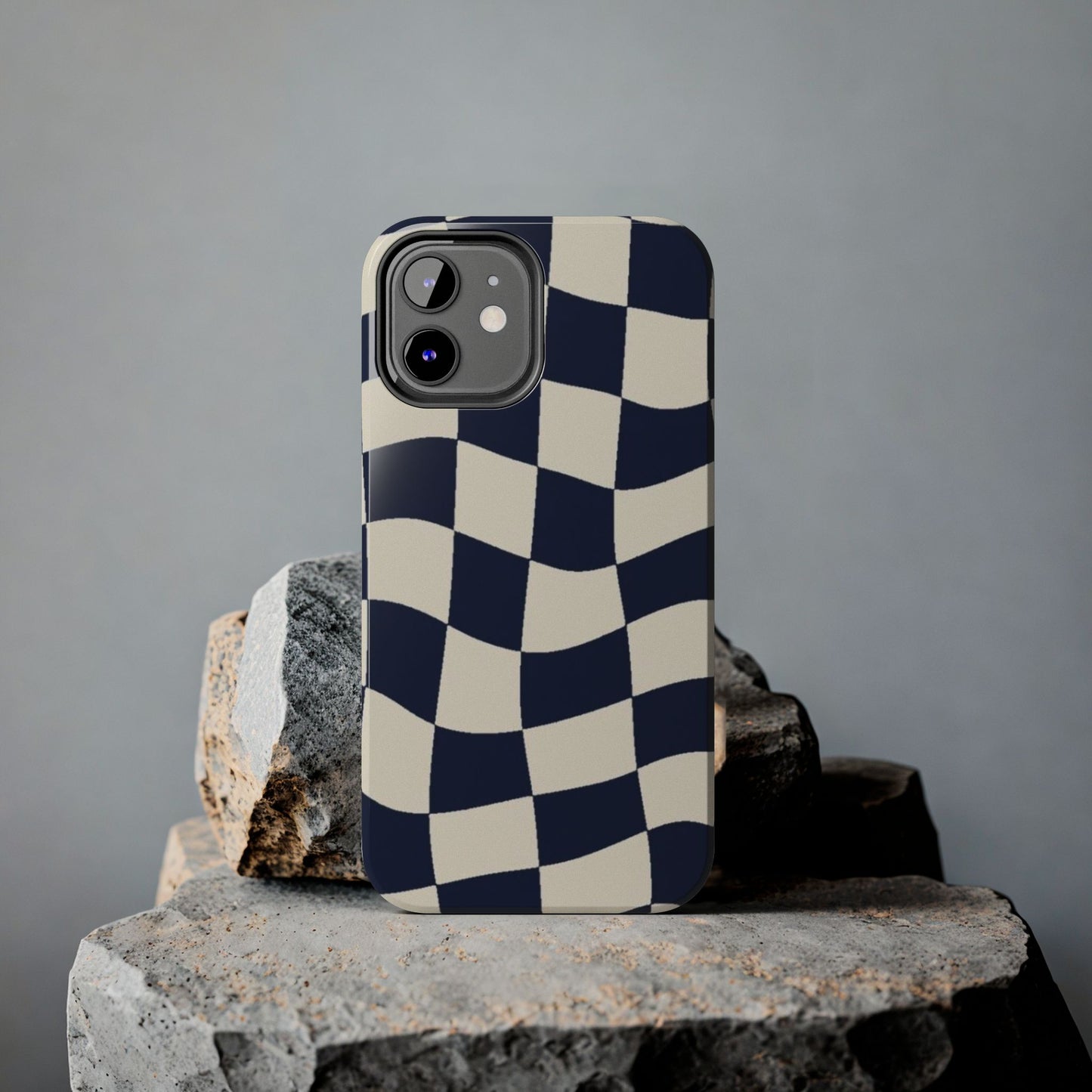 Wavy Checkerboard Tough Phone Case — Navy & Cream Protective Cover