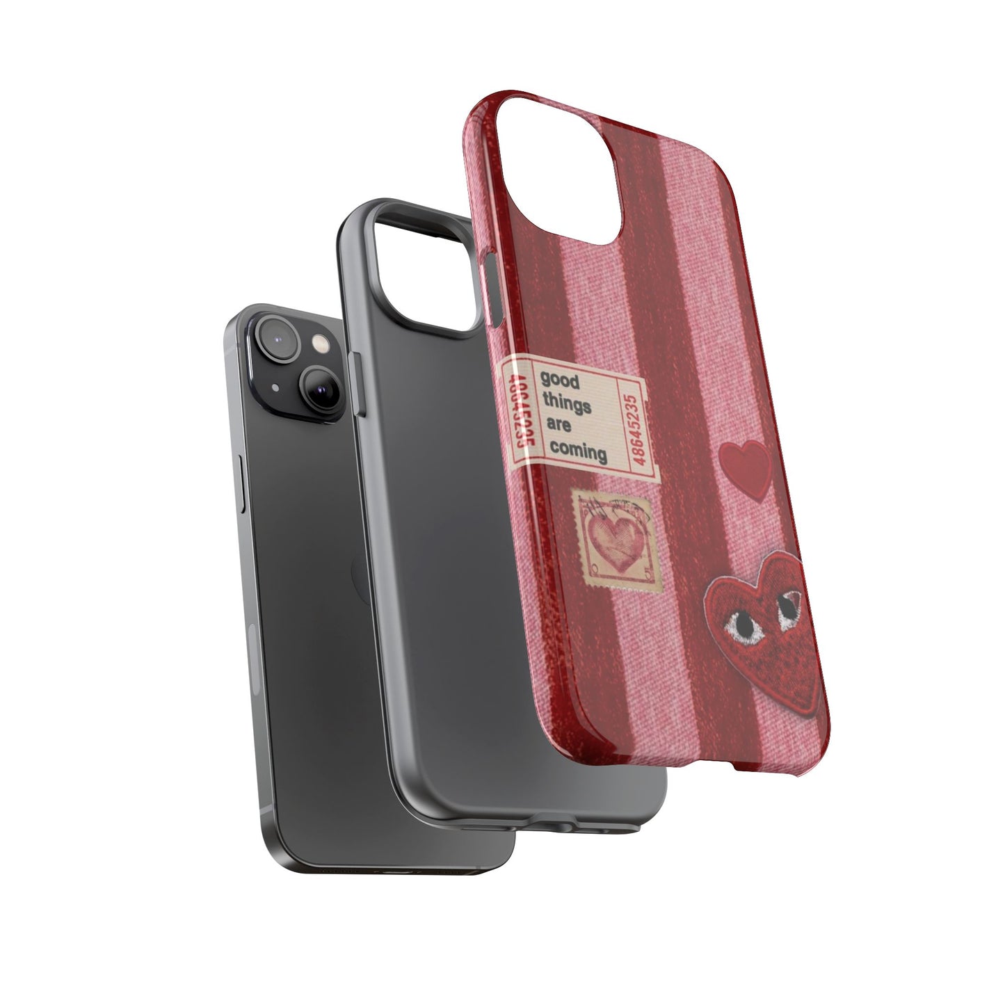 Phone Case — Red Striped Heart Design with “Good Things Are Coming”