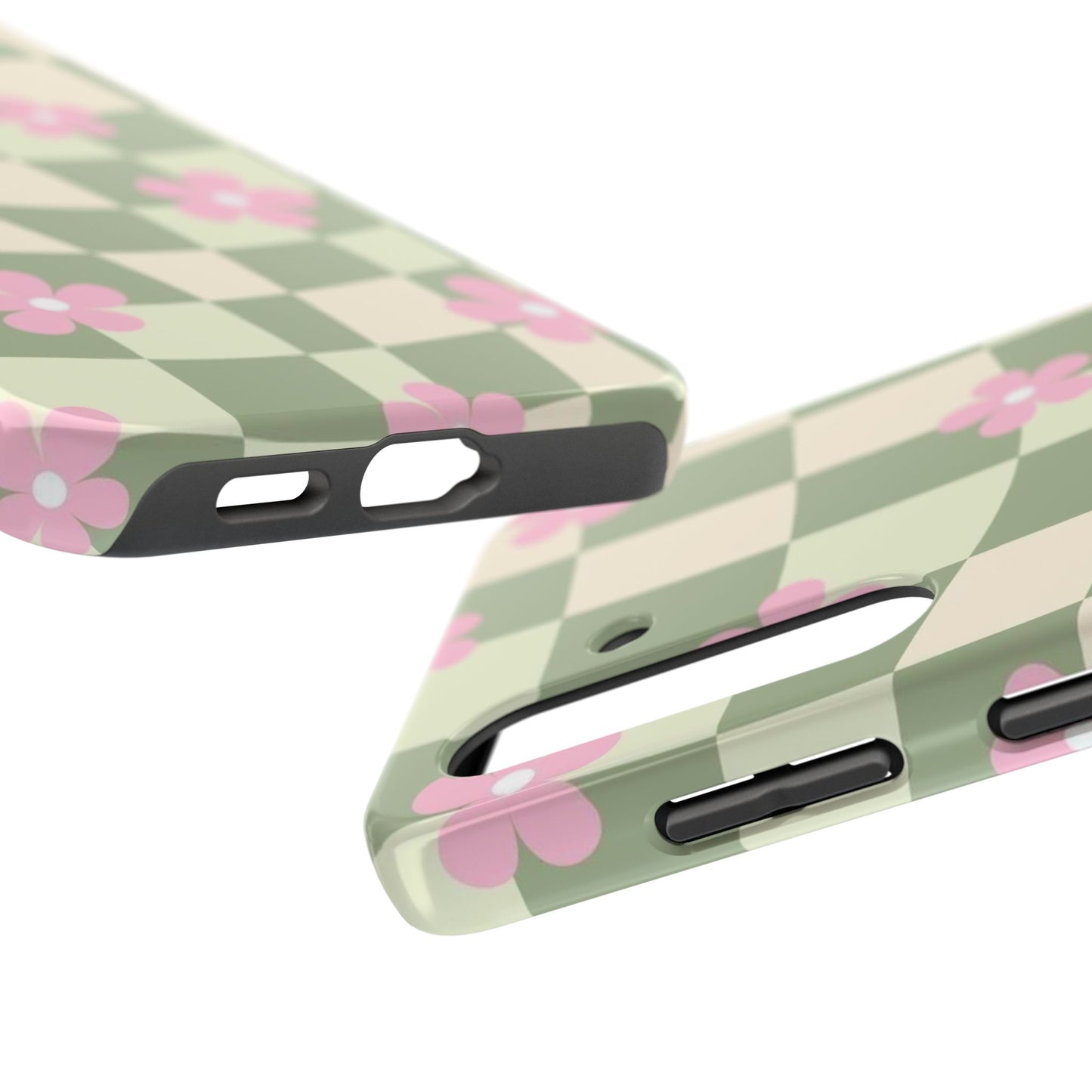 Tough Phone Case — Retro Green Checkerboard with Pink Flowers