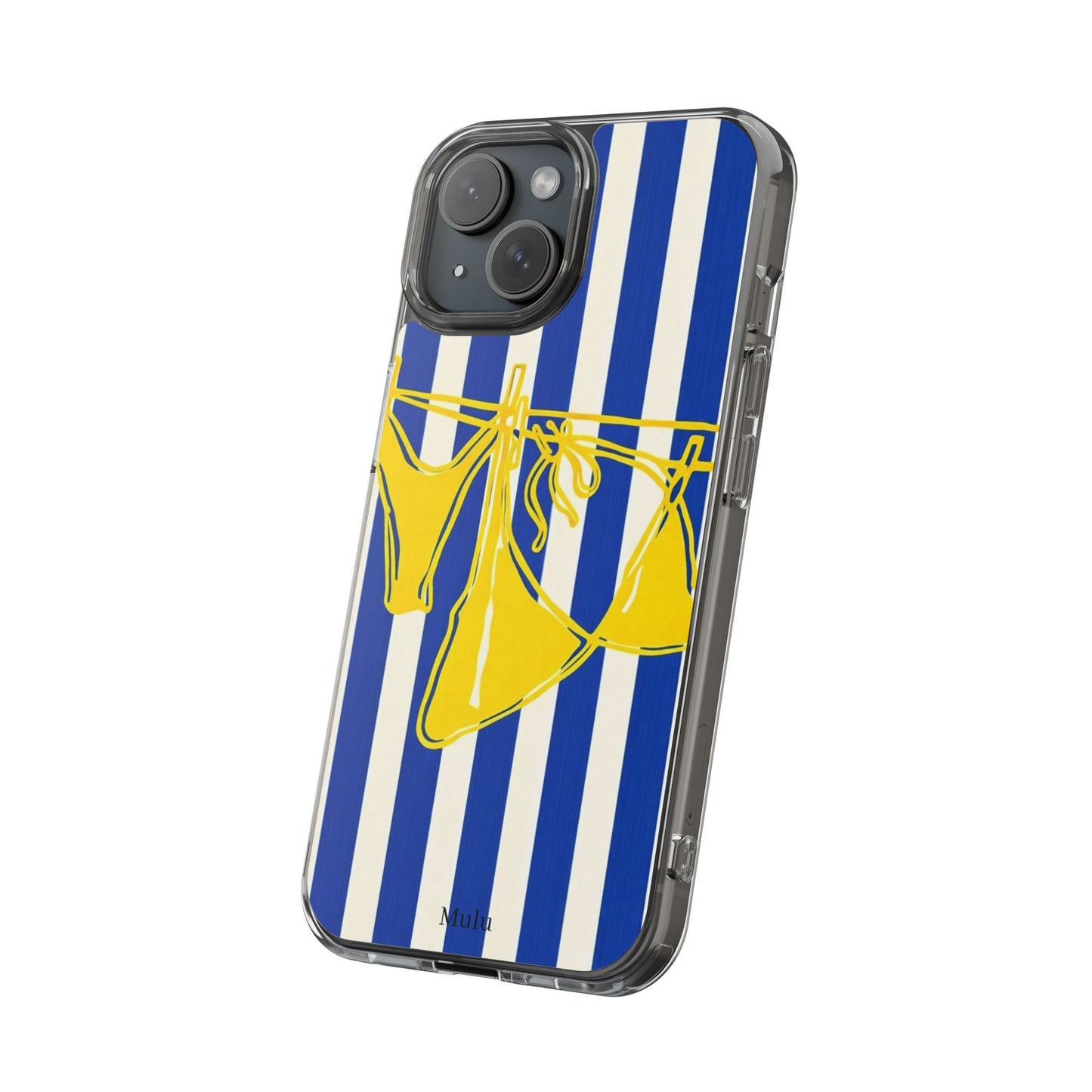 Striped Beach Bikini Phone Case — Yellow Swimwear on Blue & White Stripes, Clear Impact-Resistant