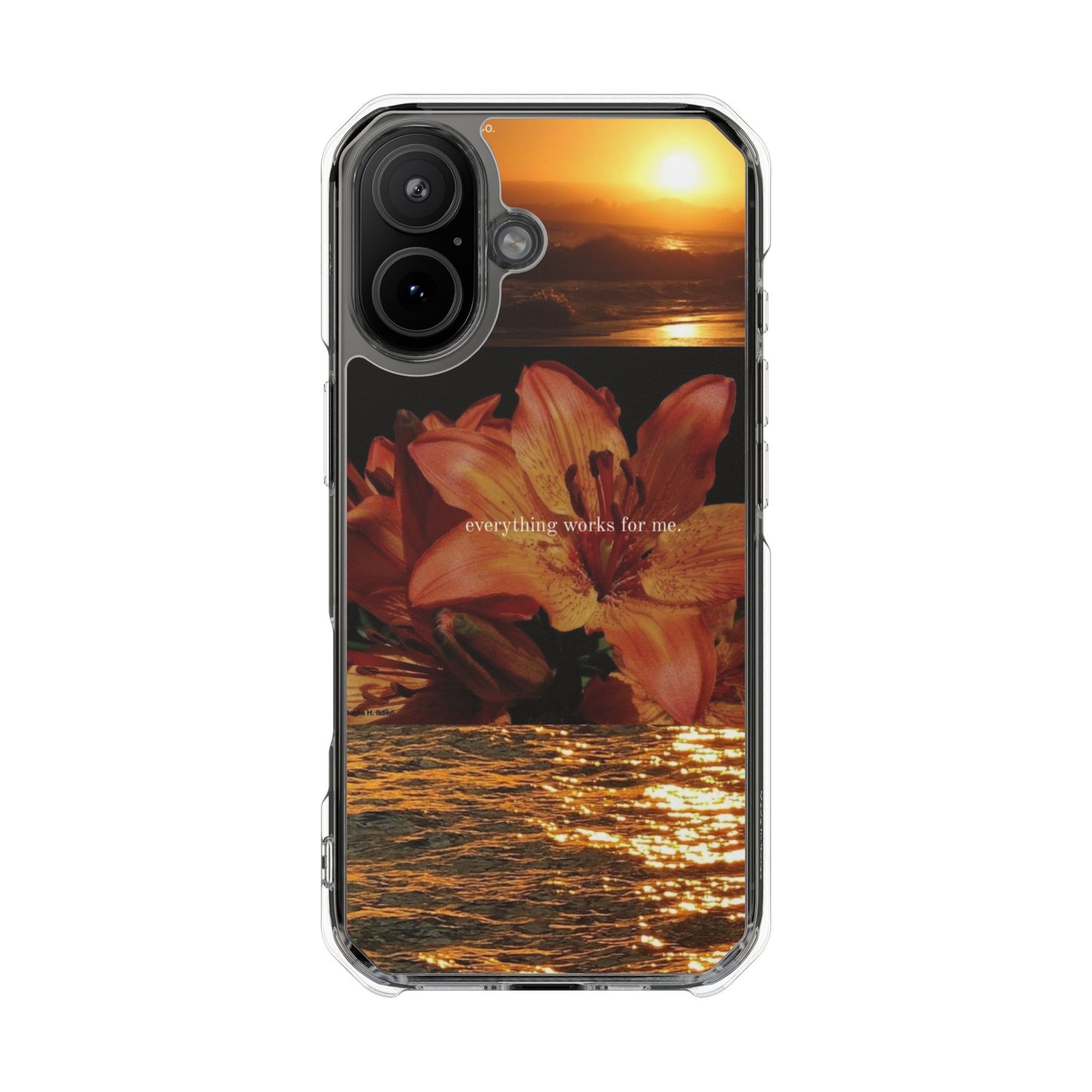 Clear Magnetic Phone Case — Sunset Lily Design ("anything waits for you")