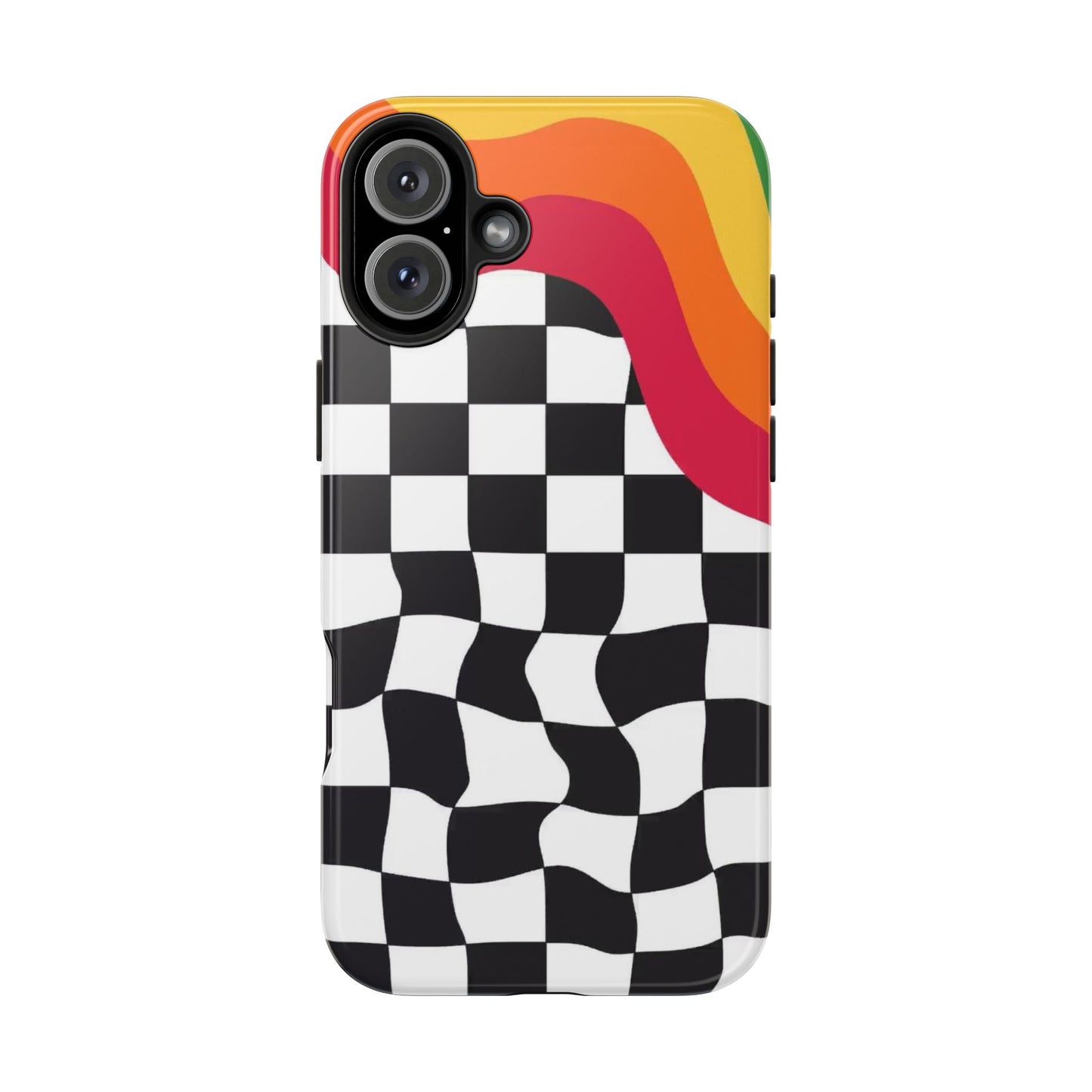 Retro Wavy Checkerboard Tough Phone Case — Rainbow Surf Skate Design