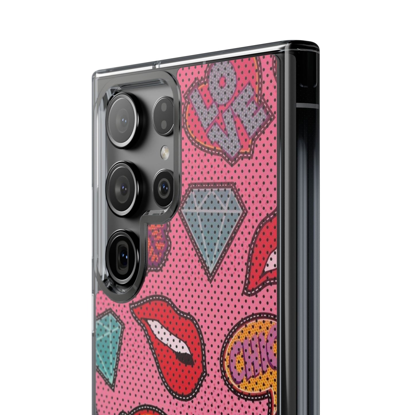 Clear Impact-Resistant Phone Case — Pink Pop Sticker Pattern (Hearts, Rainbows, Smileys)