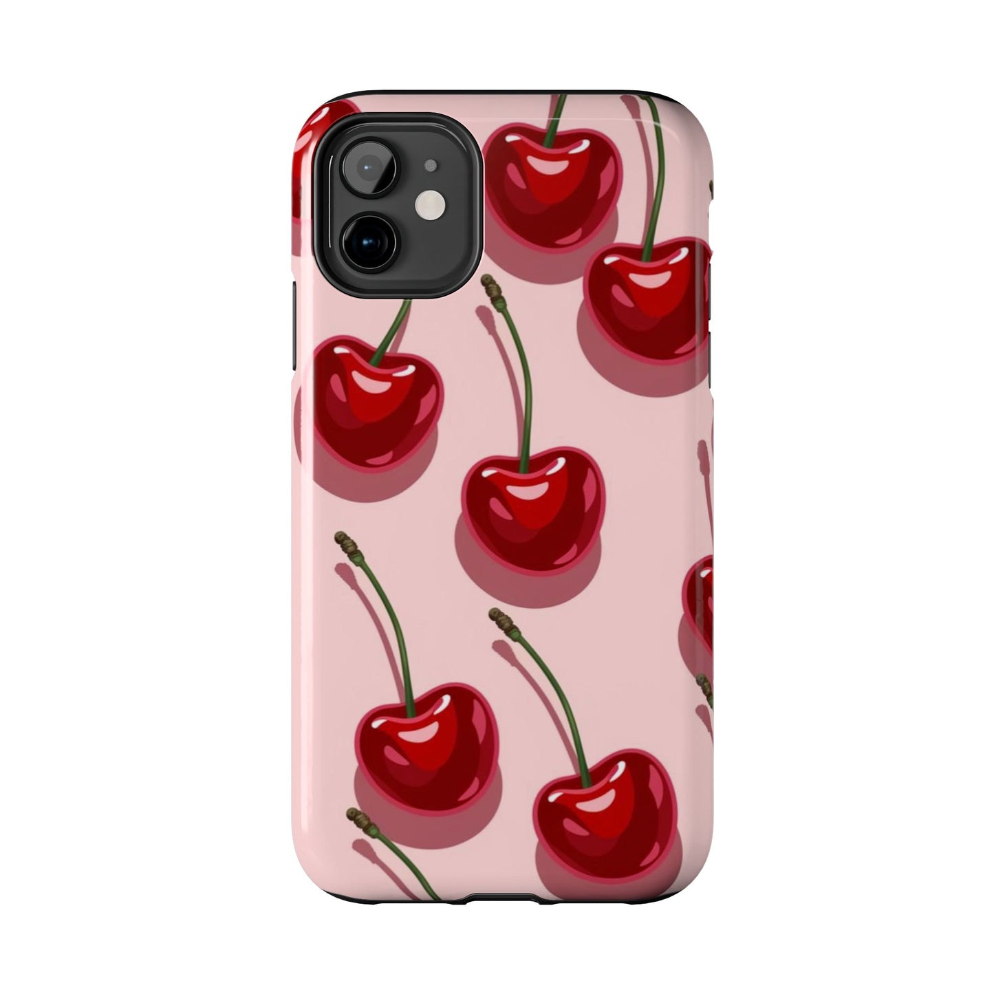 Cherry Pattern Tough Phone Case — Retro Pink Cherry Print Protective Phone Case
