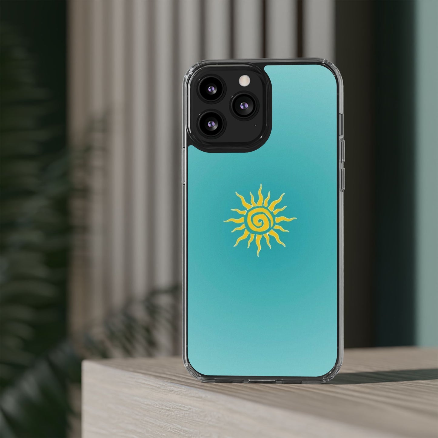 Clear Impact-Resistant Phone Case — Yellow Sun on Teal Gradient