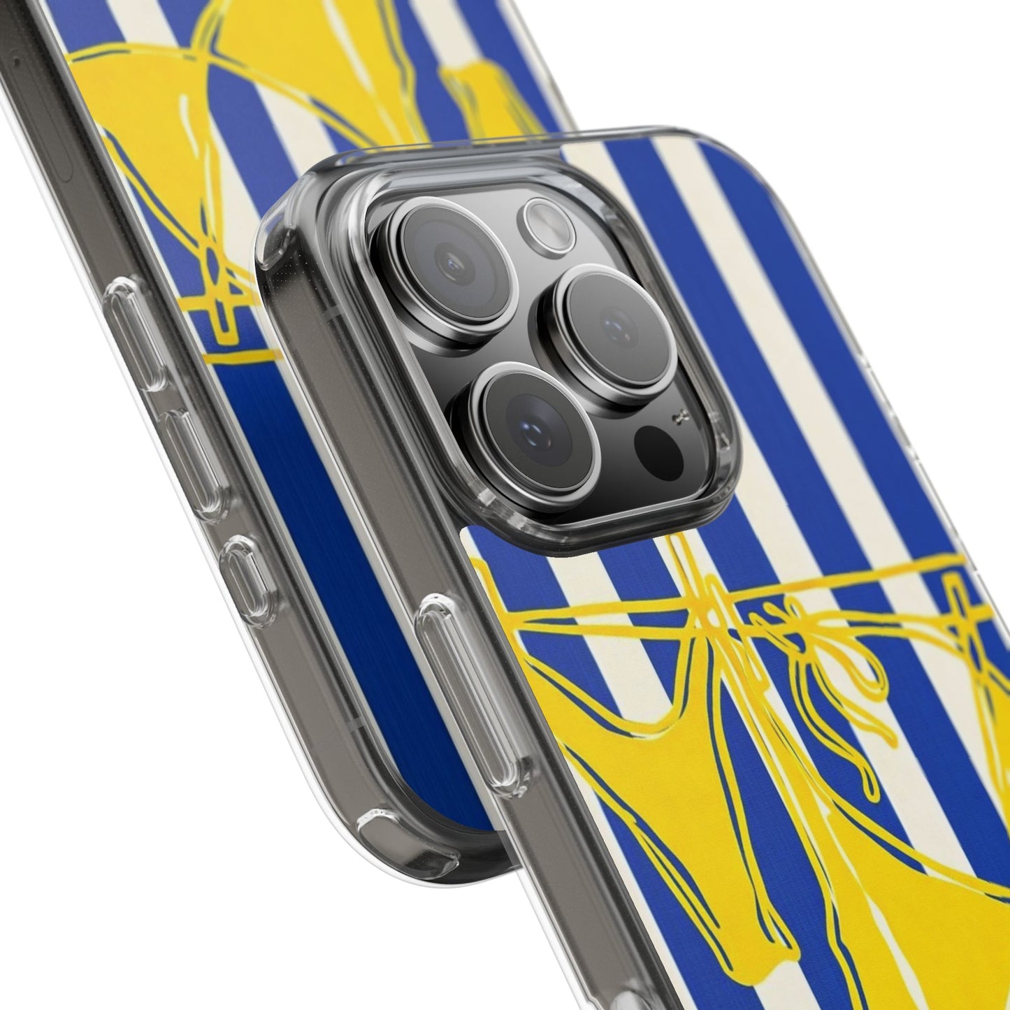 Striped Beach Bikini Phone Case — Yellow Swimwear on Blue & White Stripes, Clear Impact-Resistant