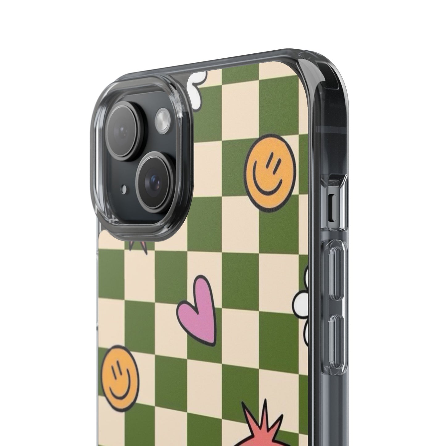 Clear Impact-Resistant Case — Retro Green Checkerboard with Smiley, Hearts & Flowers