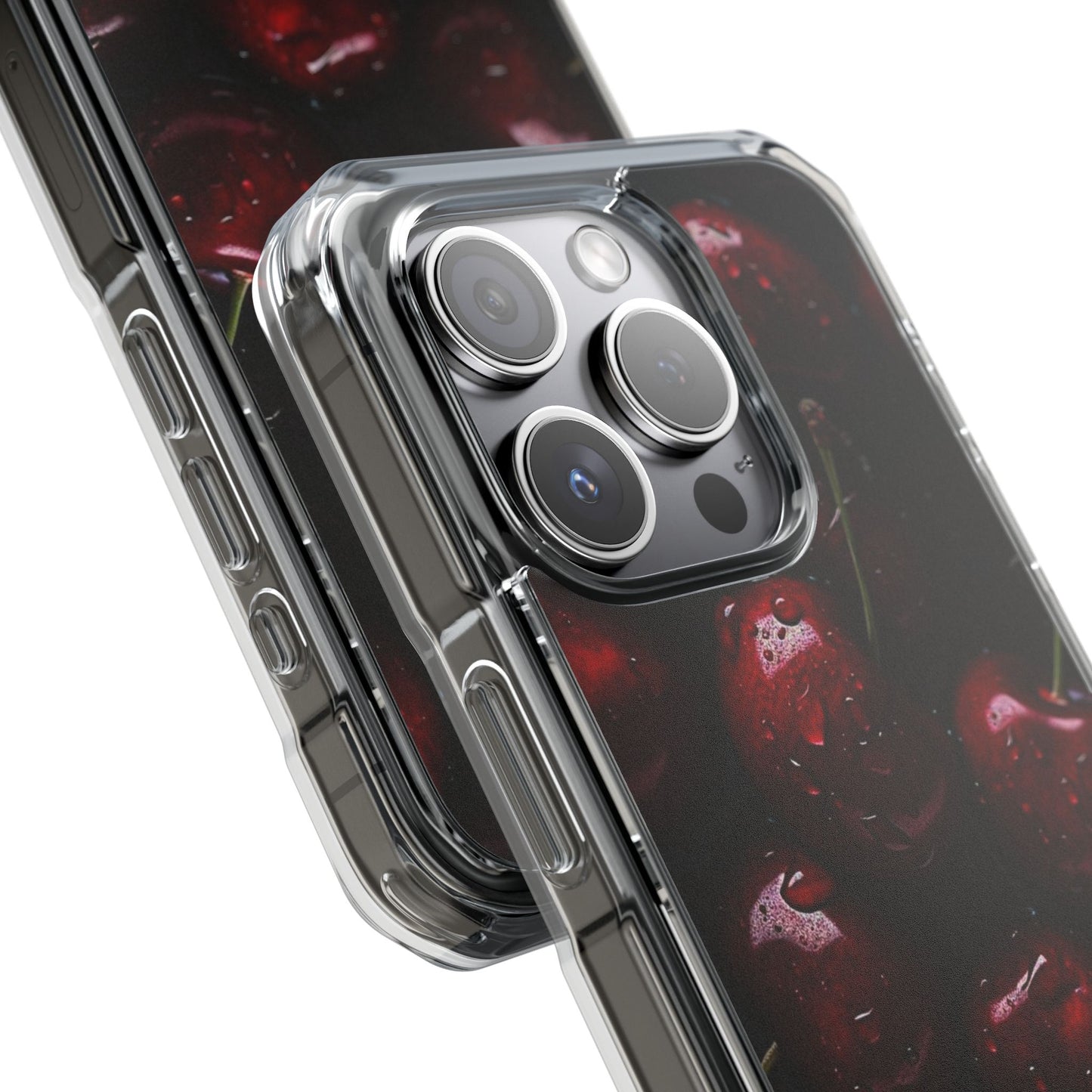 Cherry Pattern Clear Magnetic Phone Case — Dark Red Fruit Design