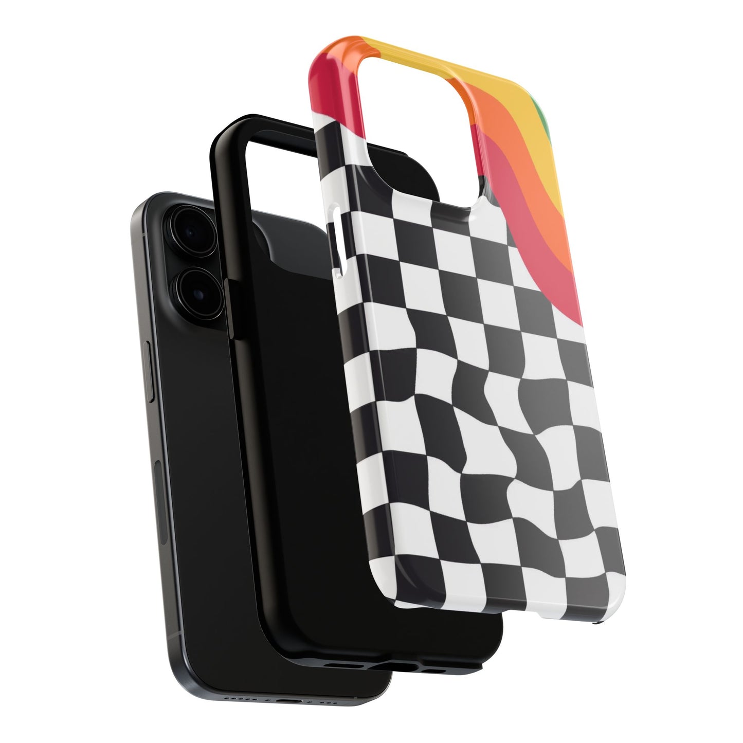 Retro Wavy Checkerboard Tough Phone Case — Rainbow Surf Skate Design