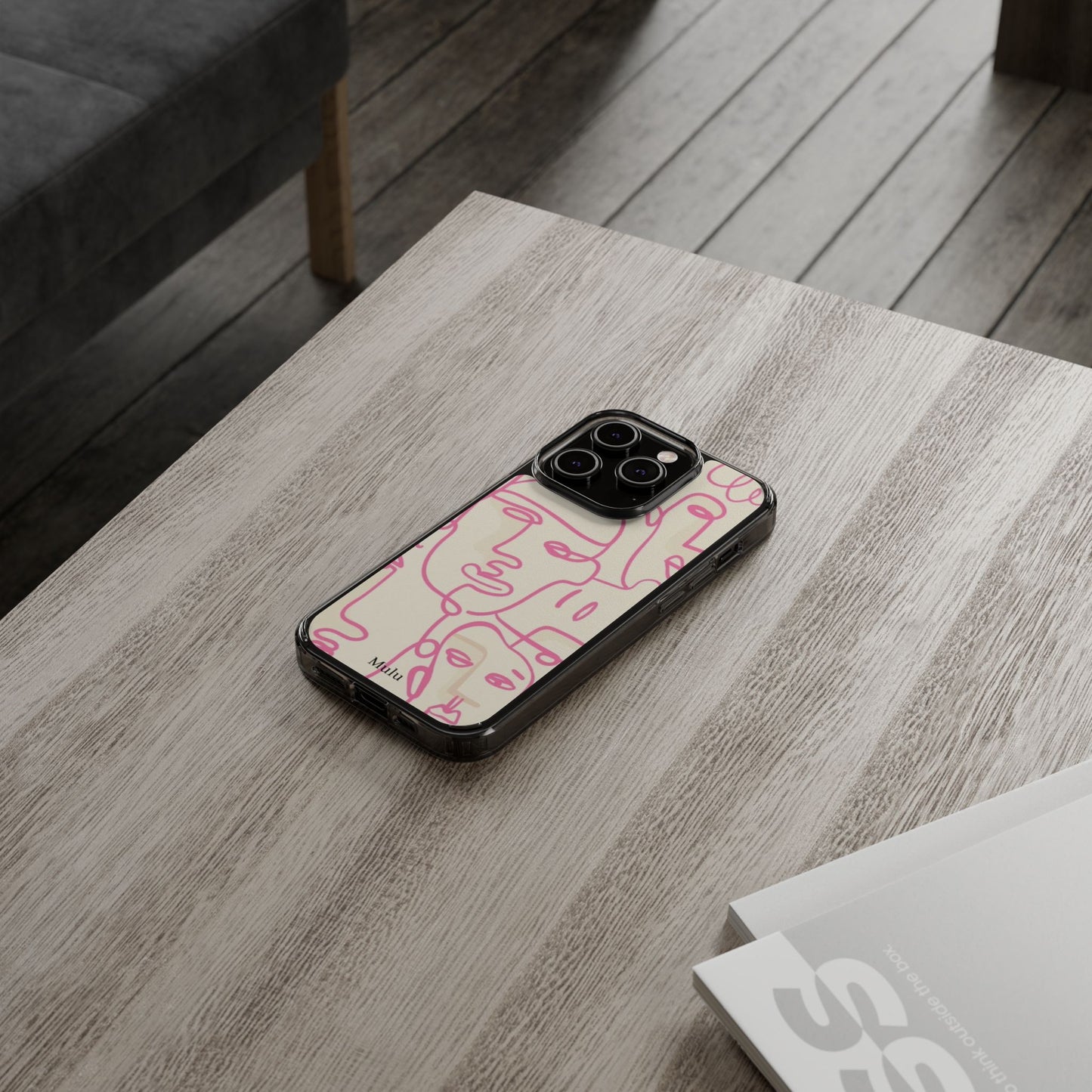 Clear Impact-Resistant Phone Case — Pink Minimalist Line Faces Design