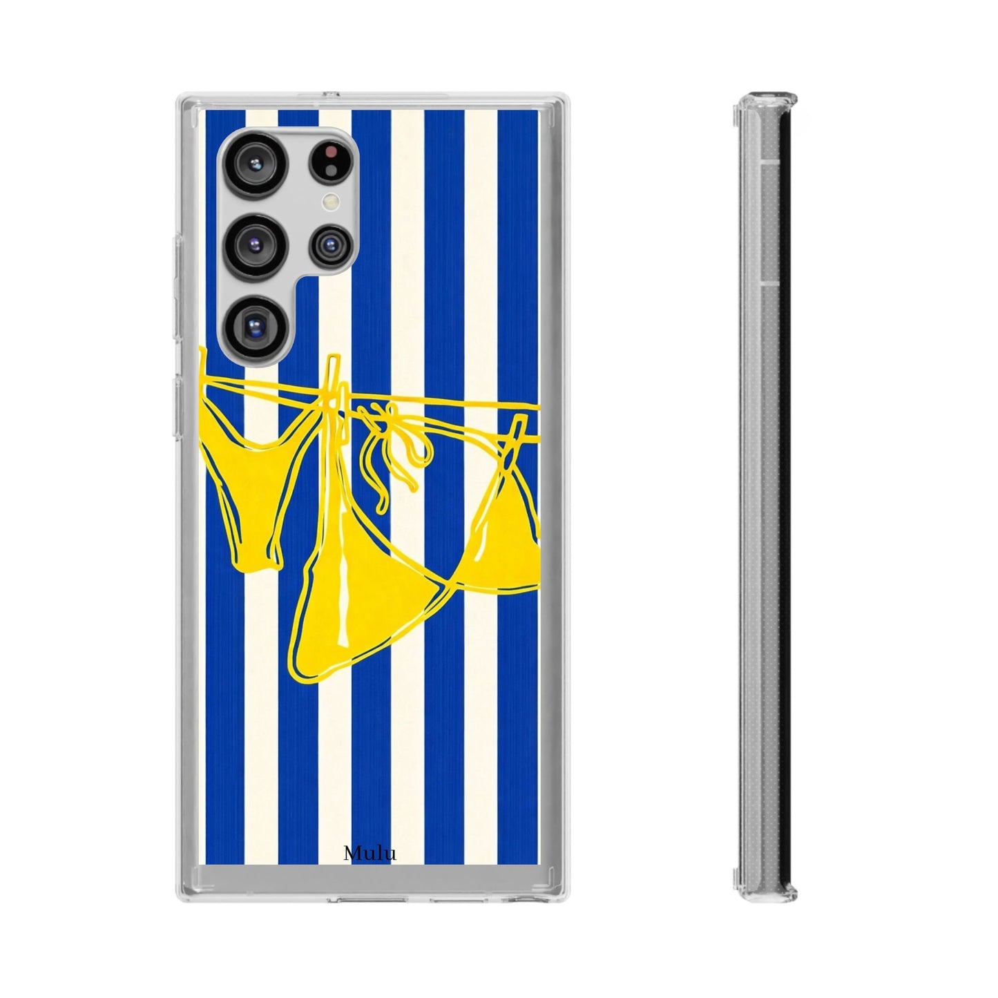 Striped Beach Bikini Phone Case — Yellow Swimwear on Blue & White Stripes, Clear Impact-Resistant