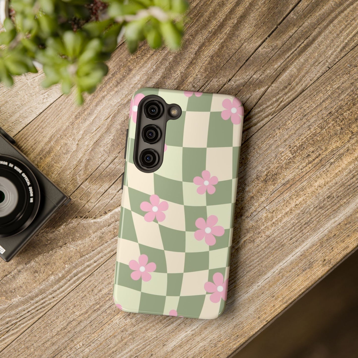Tough Phone Case — Retro Green Checkerboard with Pink Flowers