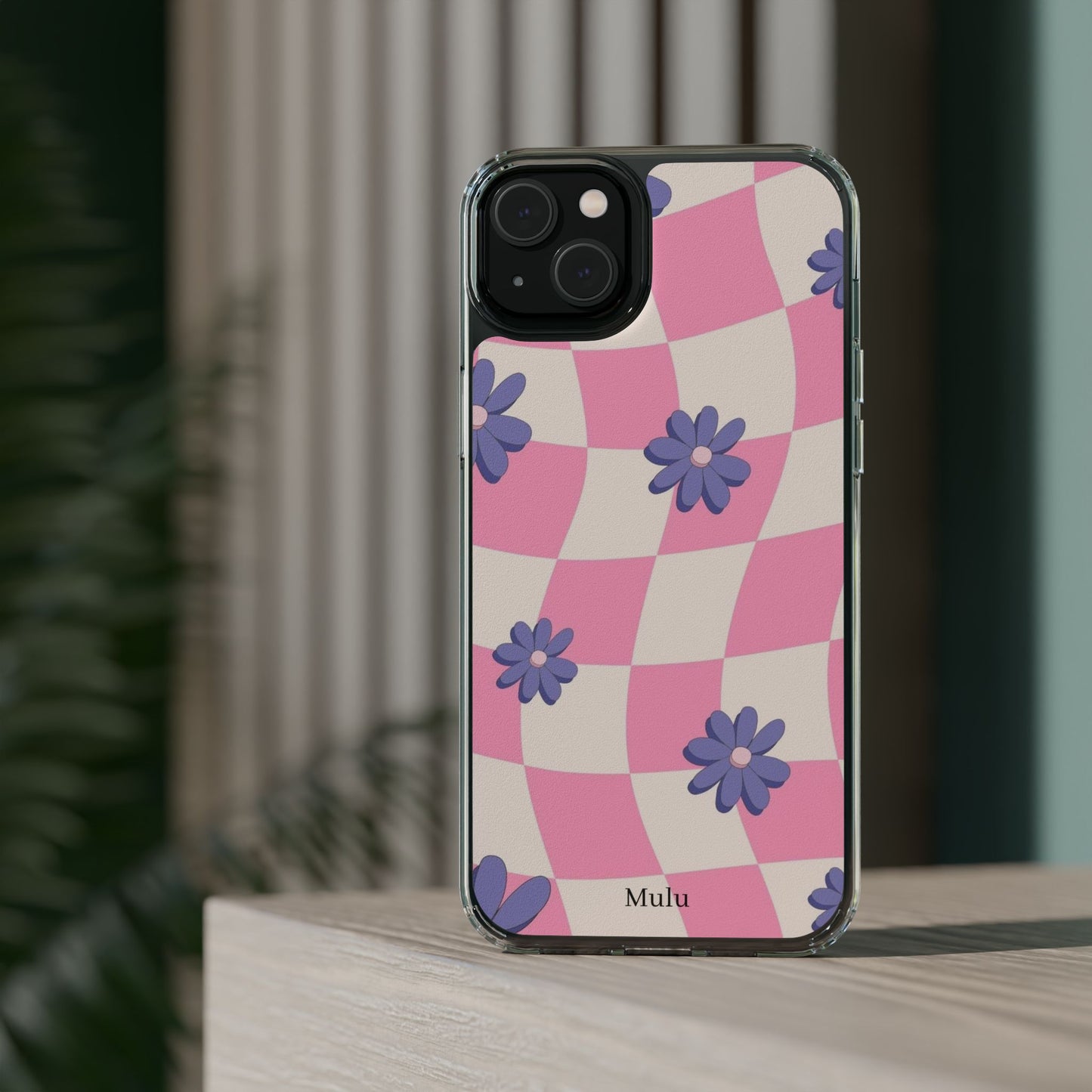 Clear Impact Phone Case — Pink Checkerboard with Purple Flowers